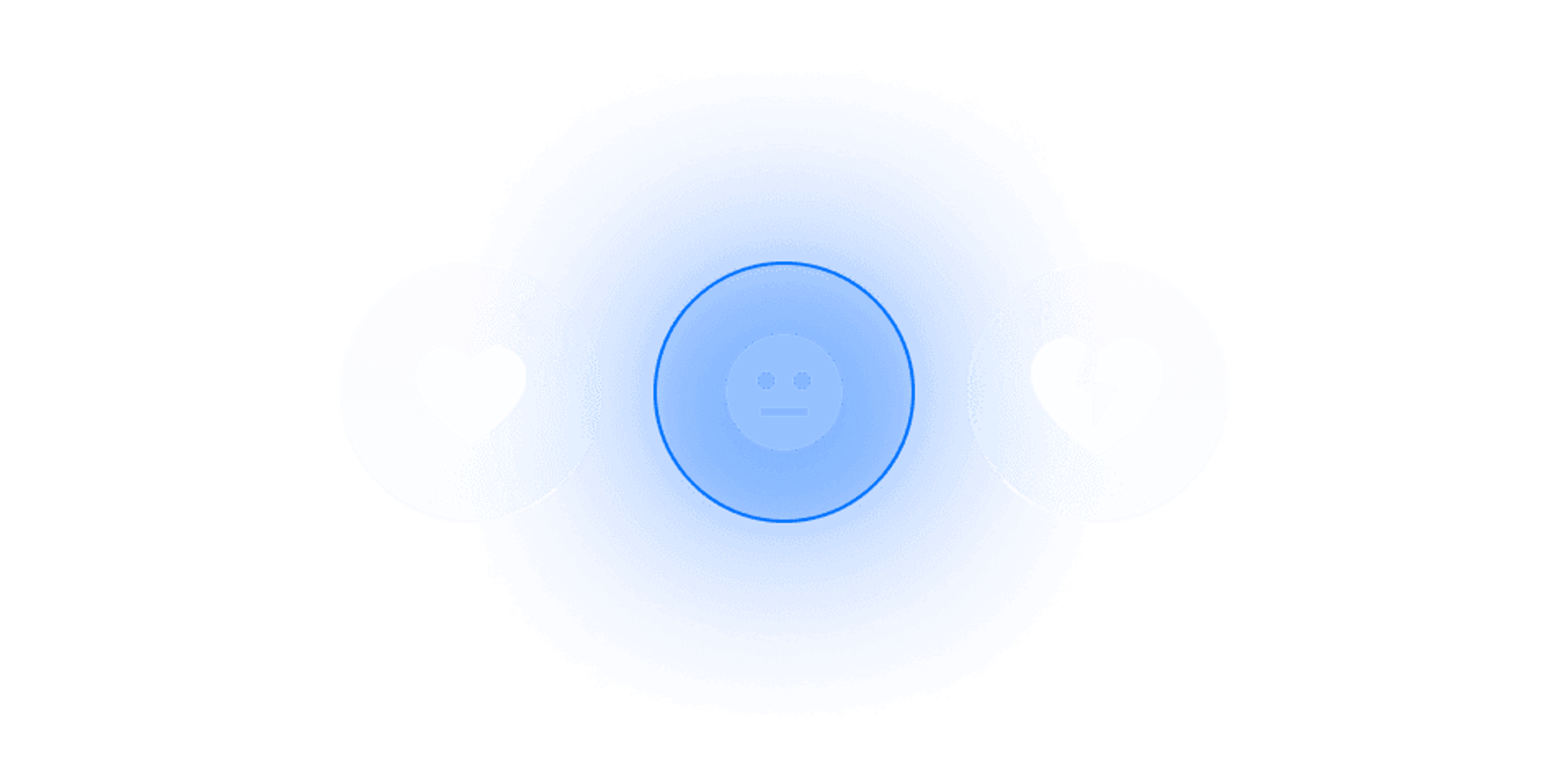 Rating control with heart, neutral face and broken heart buttons, the neutral face selected with a blue glow
