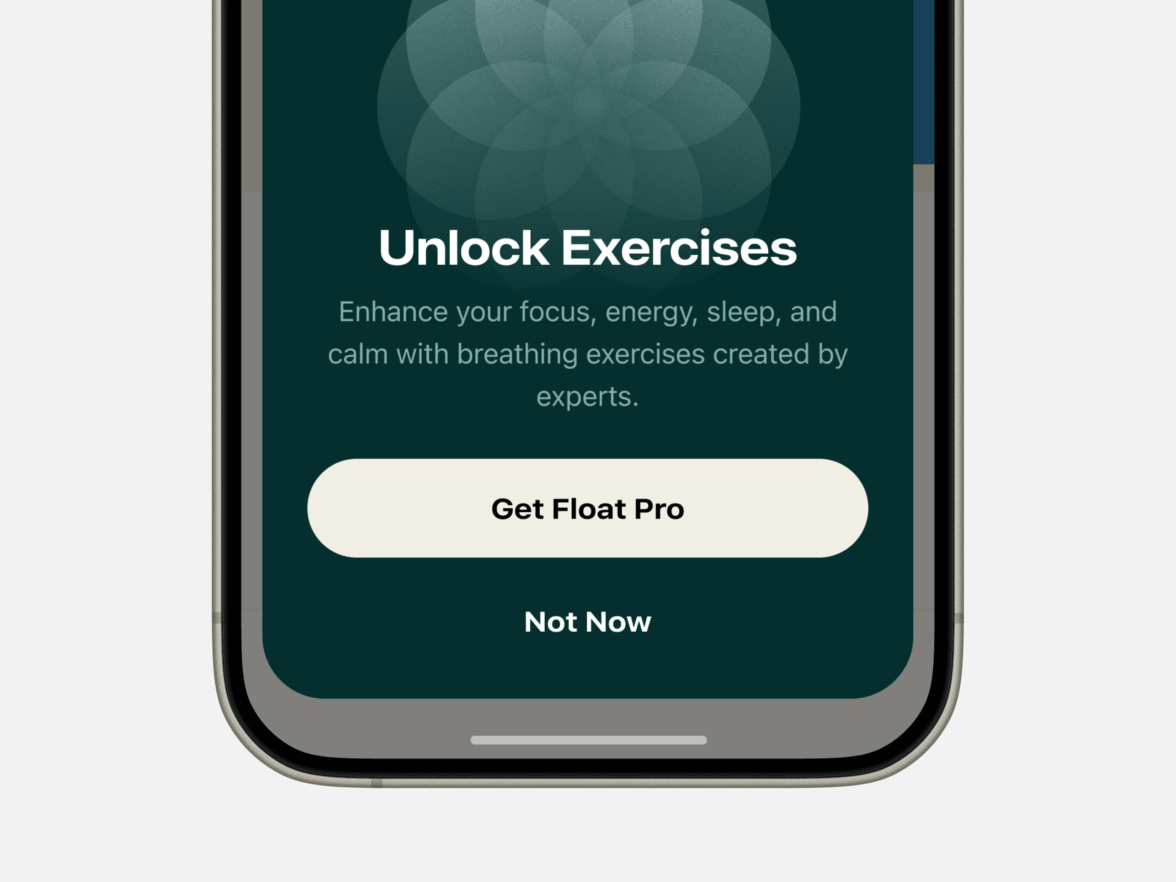 Float paywall sheet titled Unlock Exercises with Get Float Pro and Not Now buttons