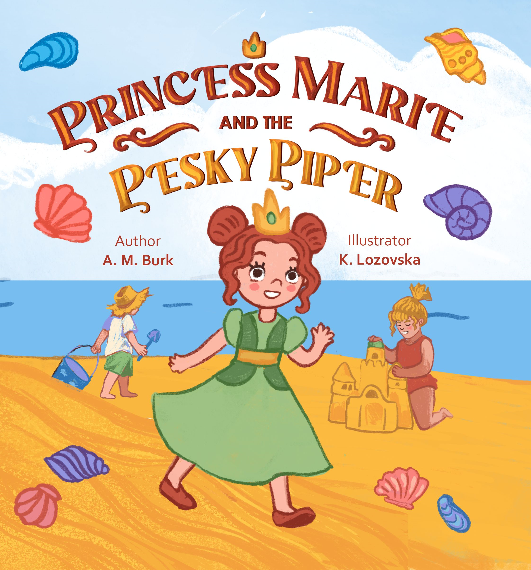 A book cover depicting a princess with red hair and a green dress happily walking along a beach. Seashells are scattered around her. Two children can be seen playing in the sand behind her.