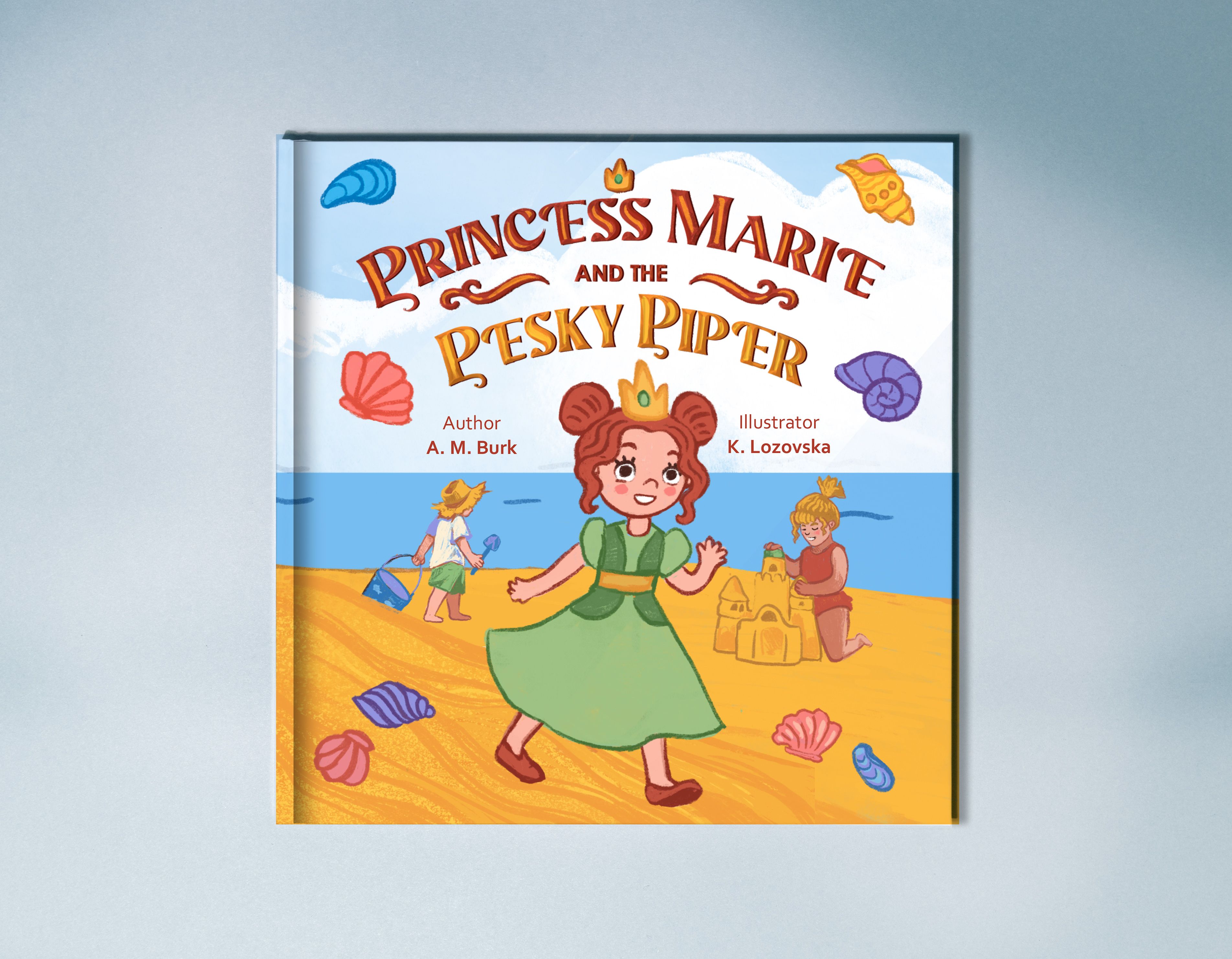A book cover depicting a princess with red hair and a green dress happily walking along a beach. Seashells are scattered around her. Two children can be seen playing in the sand behind her.