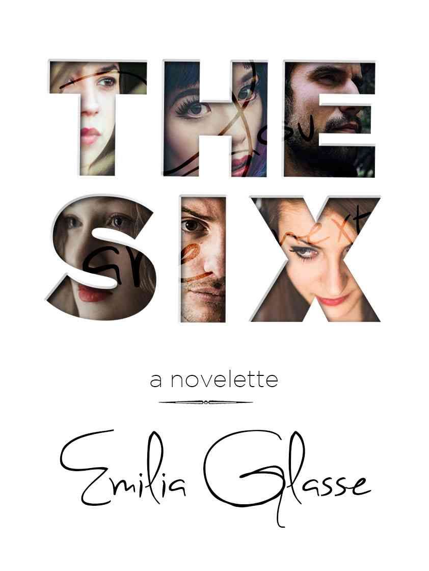 A white book cover with "The Six" taking up most of the cover. The words are made up of black and white close-up images of six people staring mysteriously into the distance.