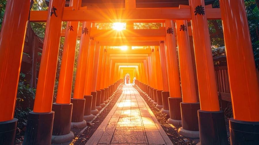 Sunlight bursts through the endless corridor of vermillion torii gates at Fushimi Inari Shrine in Kyoto, illuminating the stone path that leads up the sacred mountain.