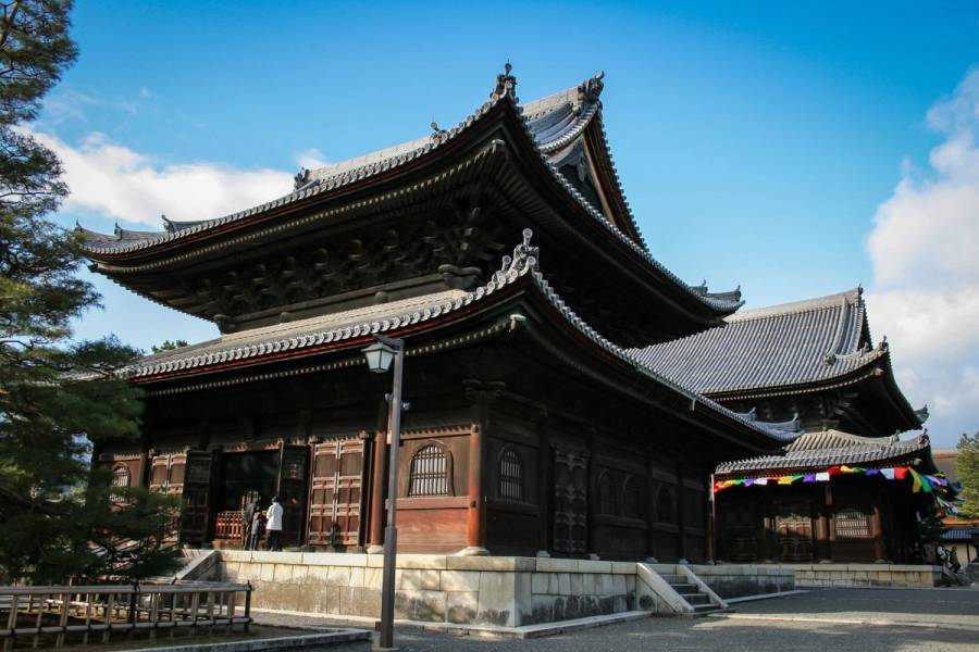 Myoshinji Temple main hall in northwestern Kyoto with traditional architecture and empty courtyard showing peaceful atmosphere.