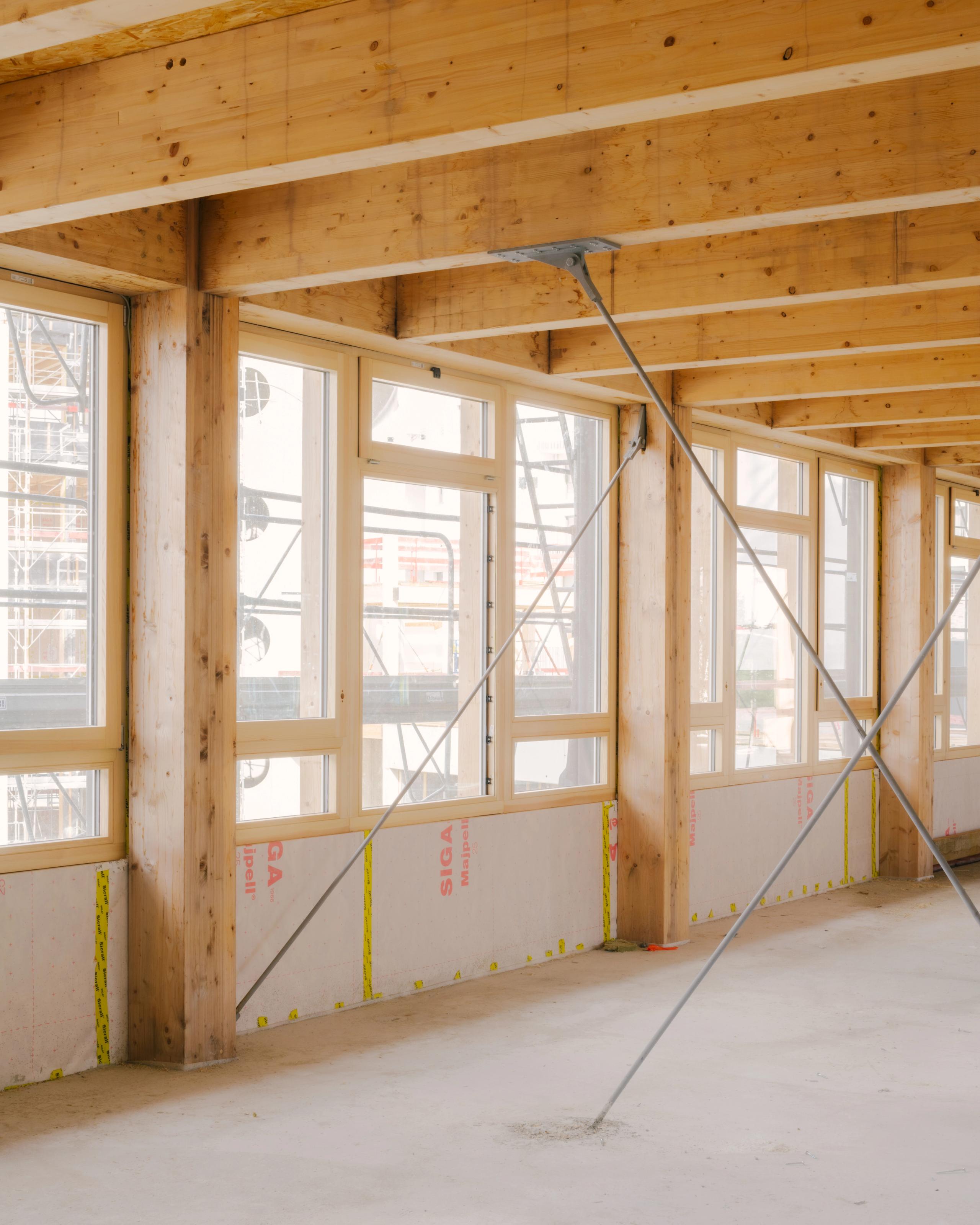 Chantier du groupe scolaire Dominique Frelaut à Colombes : structure bois apparente, grandes baies vitrées et contreventements métalliques en façade sur cour.