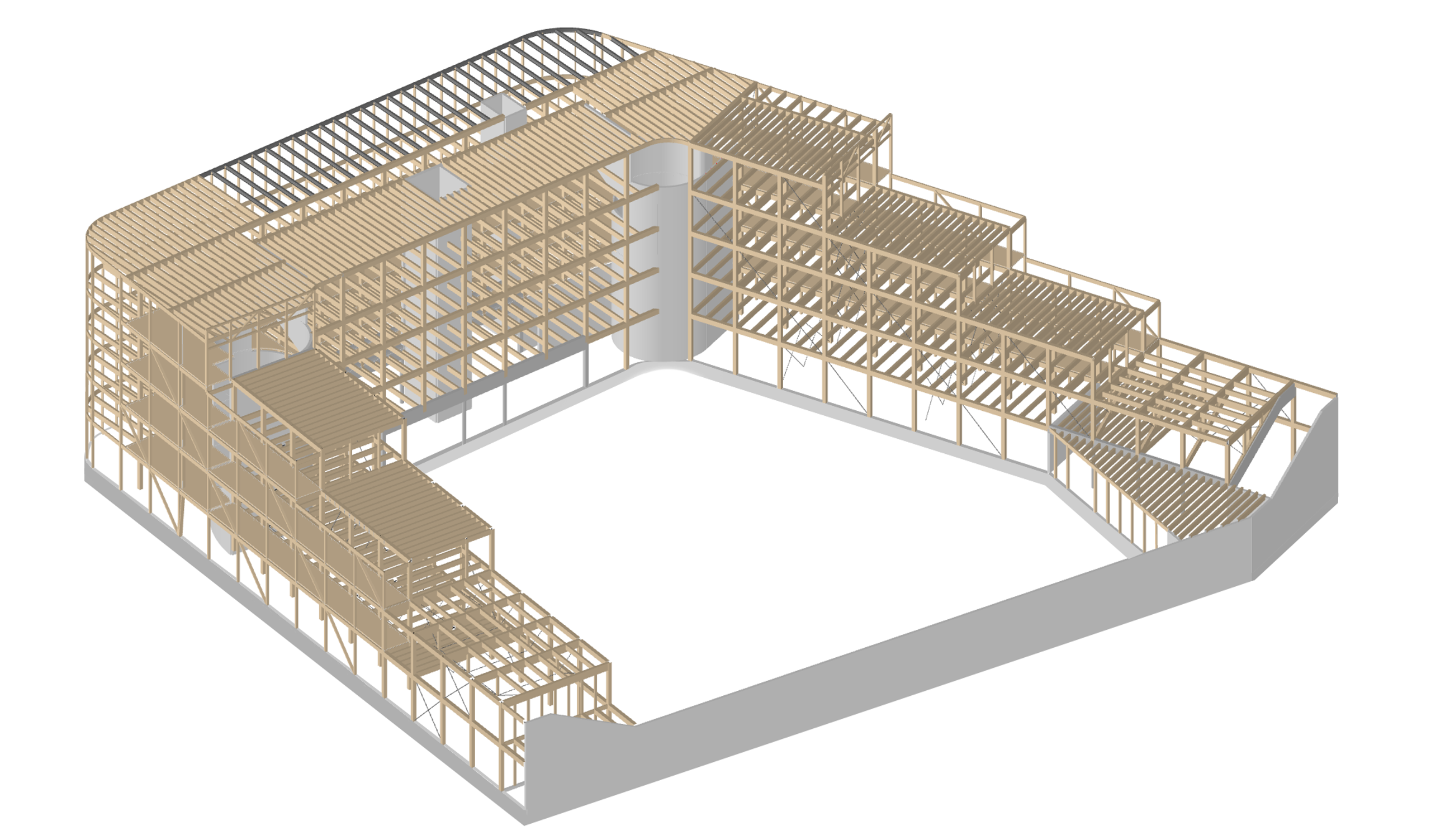 Axonométrie structurelle du Groupe scolaire Dominique Frelaut à Colombes, montrant l’ossature bois en U autour de la cour et les volumes en gradins.