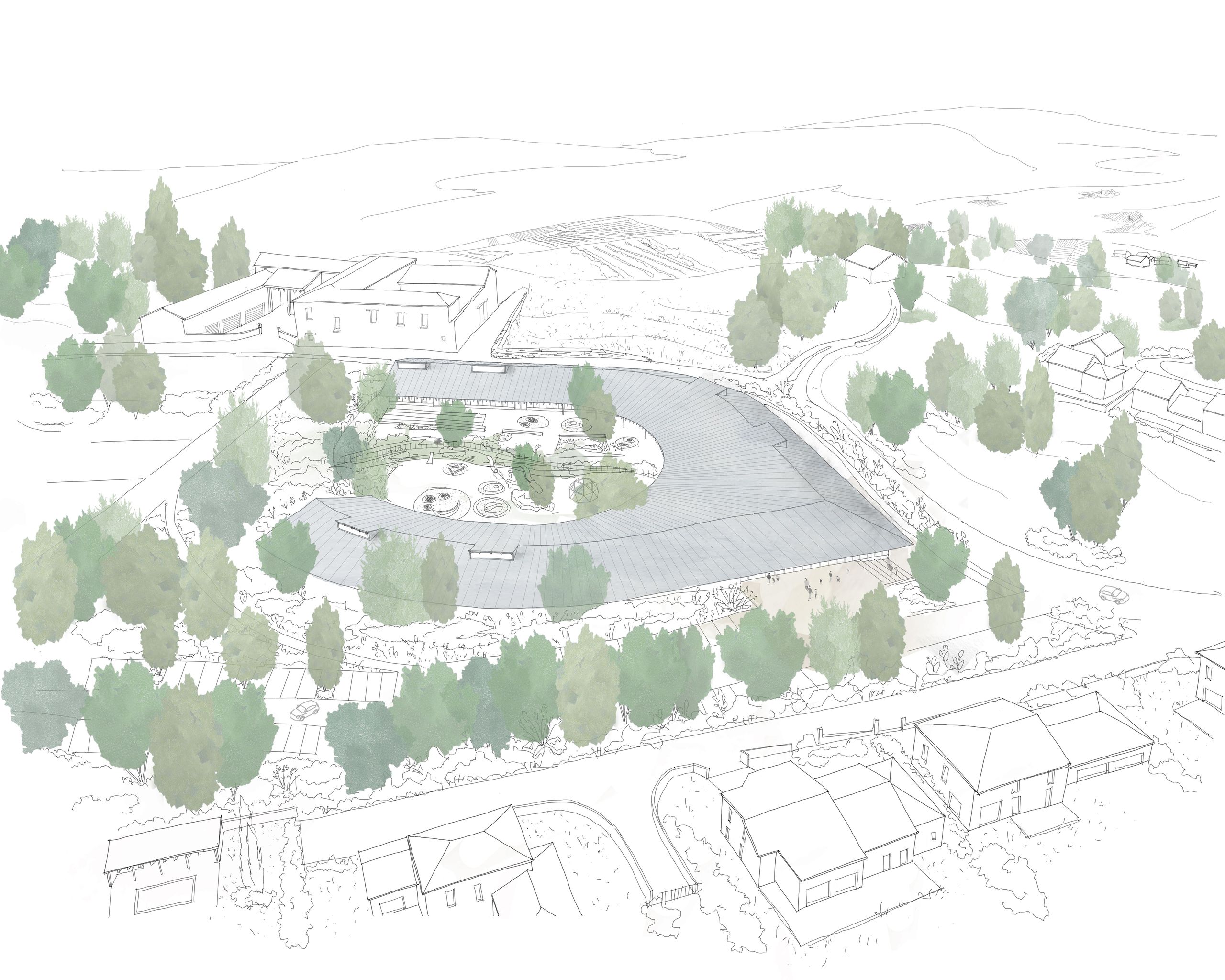 Vue aérienne du School complex de Vienne : vaste toiture en anneau abritant une cour centrale paysagée, ossature bois et débords zinc intégrés au relief.