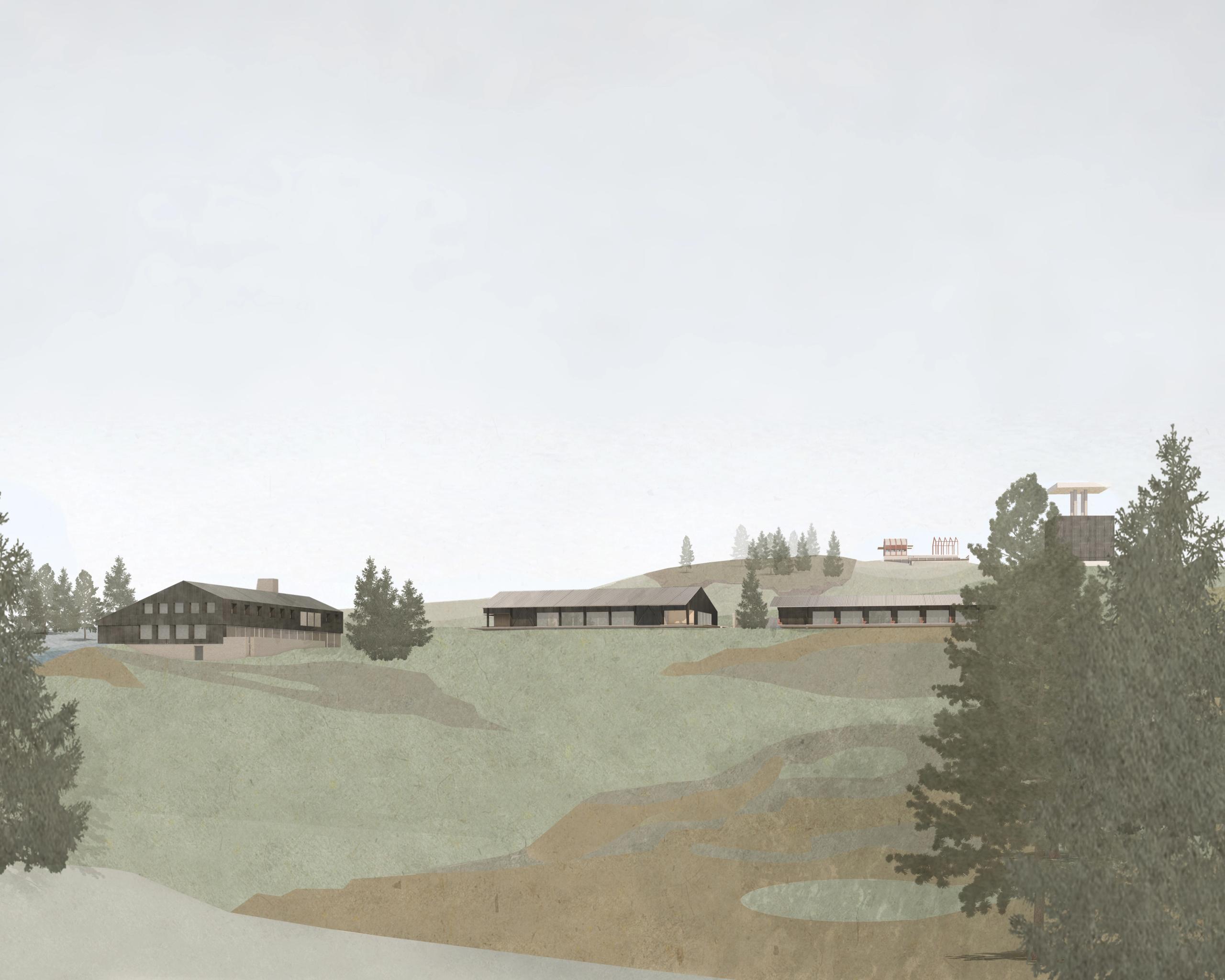 Vue panoramique de la restructuration de l’auberge de montagne au col de l’Oeillon à Véranne : volumes bois bas, compacts, alignés sur la crête dans le paysage alpin.