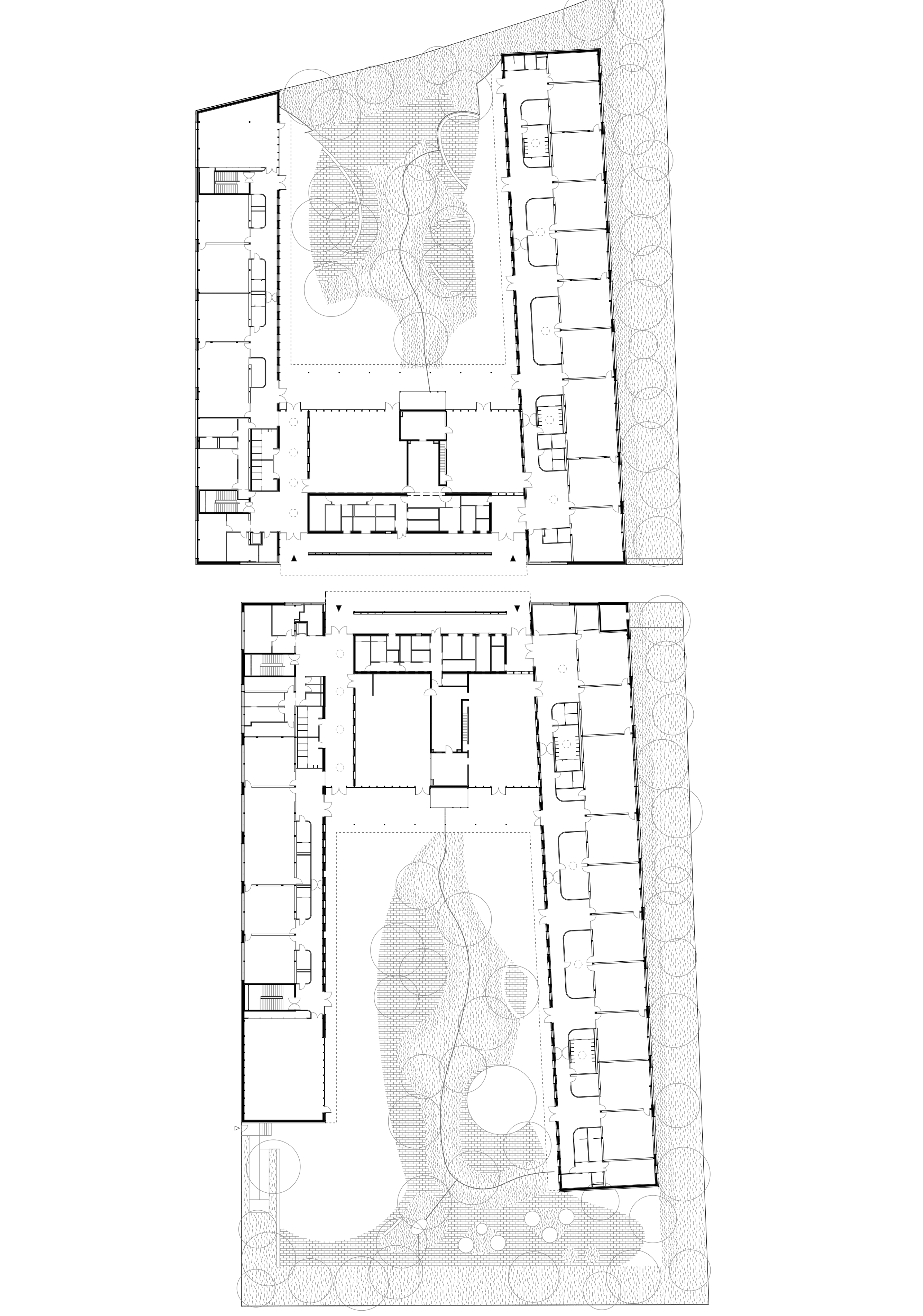 Plan masse des groupes scolaires Jacqueline Auriol et Jean Jaurès au Bourget, deux bâtiments en U encadrant cours plantées et parvis d’accès commun.