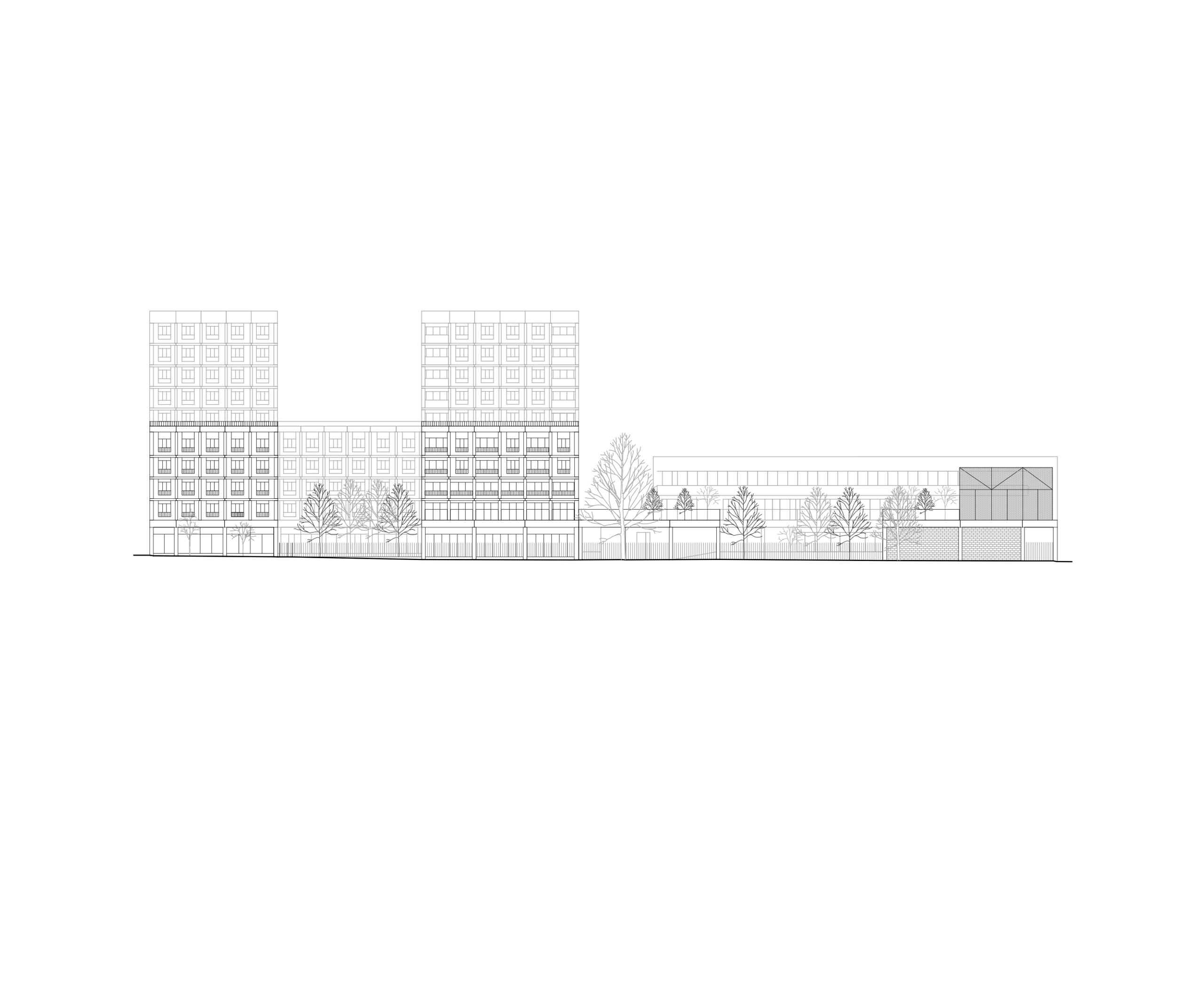 Élévation du projet Frida Kahlo à Bordeaux : volumes superposés de logements et résidence étudiante, groupe scolaire bas, trame régulière et cœur d’îlot planté.