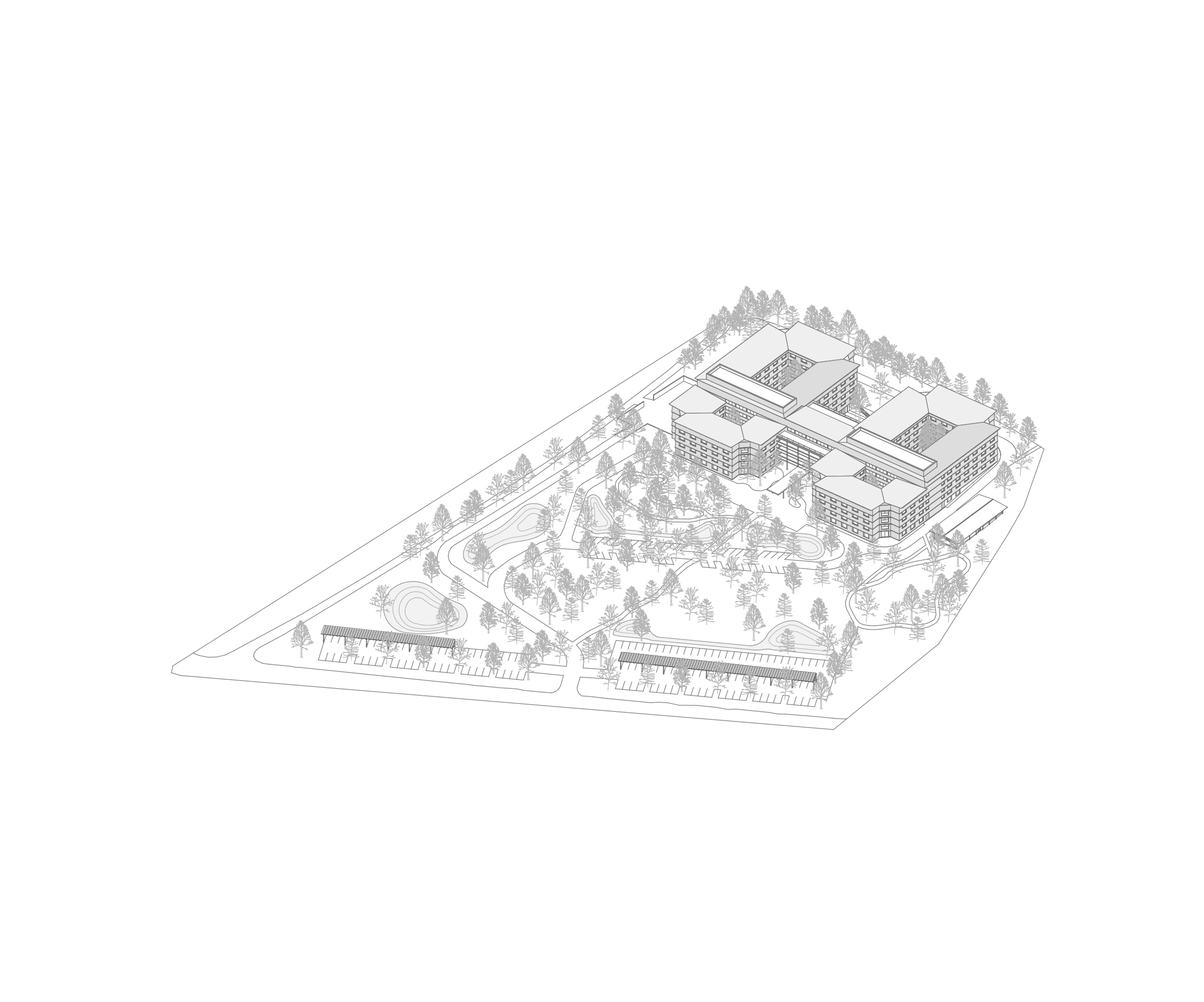 Axonométrie du projet d’EHPAD à Auxerre par Tectoniques, montrant un bâtiment principal en plan en U fragmenté en plusieurs volumes hexagonaux de R+3 à toitures terrasses, organisé autour de patios intérieurs et relié par une barre centrale, au cœur d’un parc paysager dense avec cheminements courbes, placettes, noues et deux bâtiments linéaires plus bas en lisière de parcelle, illustrant l’implantation sur site, la volumétrie et la composition des espaces extérieurs.