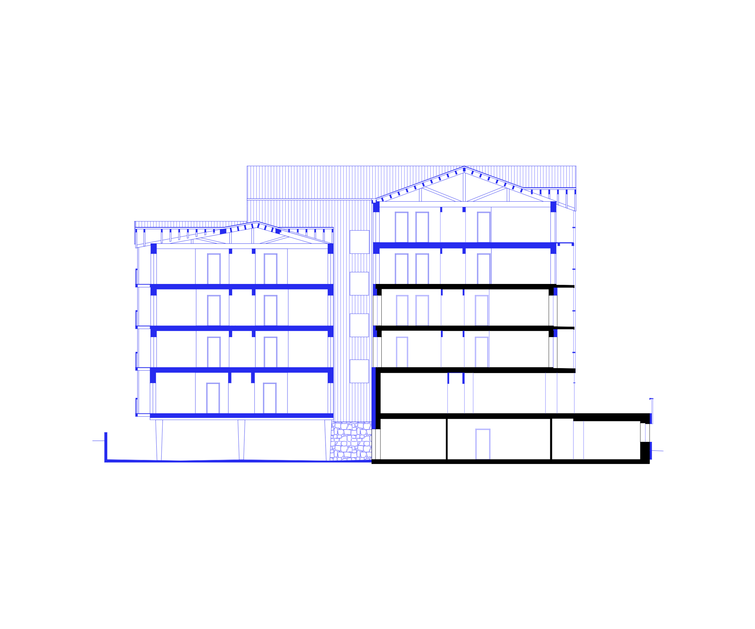 Coupe architecturale de l’auberge de jeunesse des Deux Alpes, montrant surélévation en CLT, socle maçonné et volumes fragmentés sous toitures à deux pans.