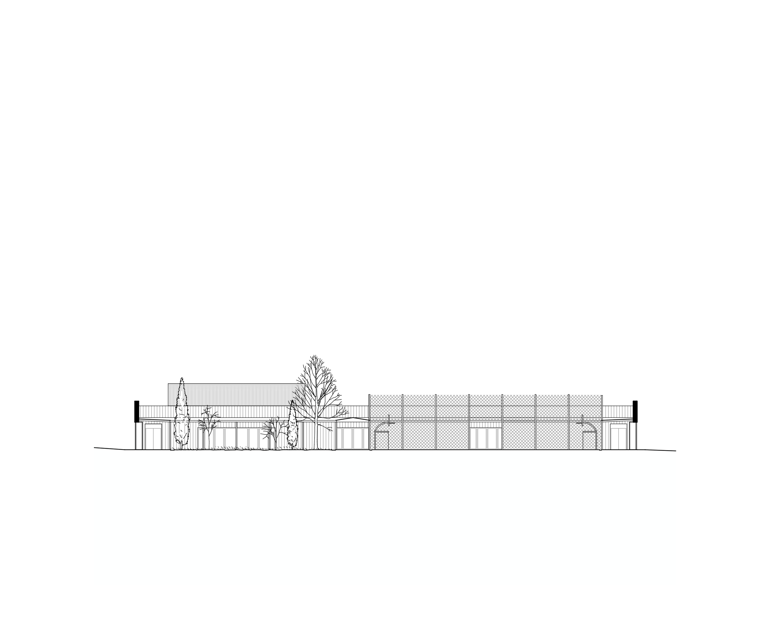 Elevation drawing of the Youth Cultural Center in Vaison-la-Romaine, showing a low stone enclosure, recessed glazed bays and taller hall volumes behind.