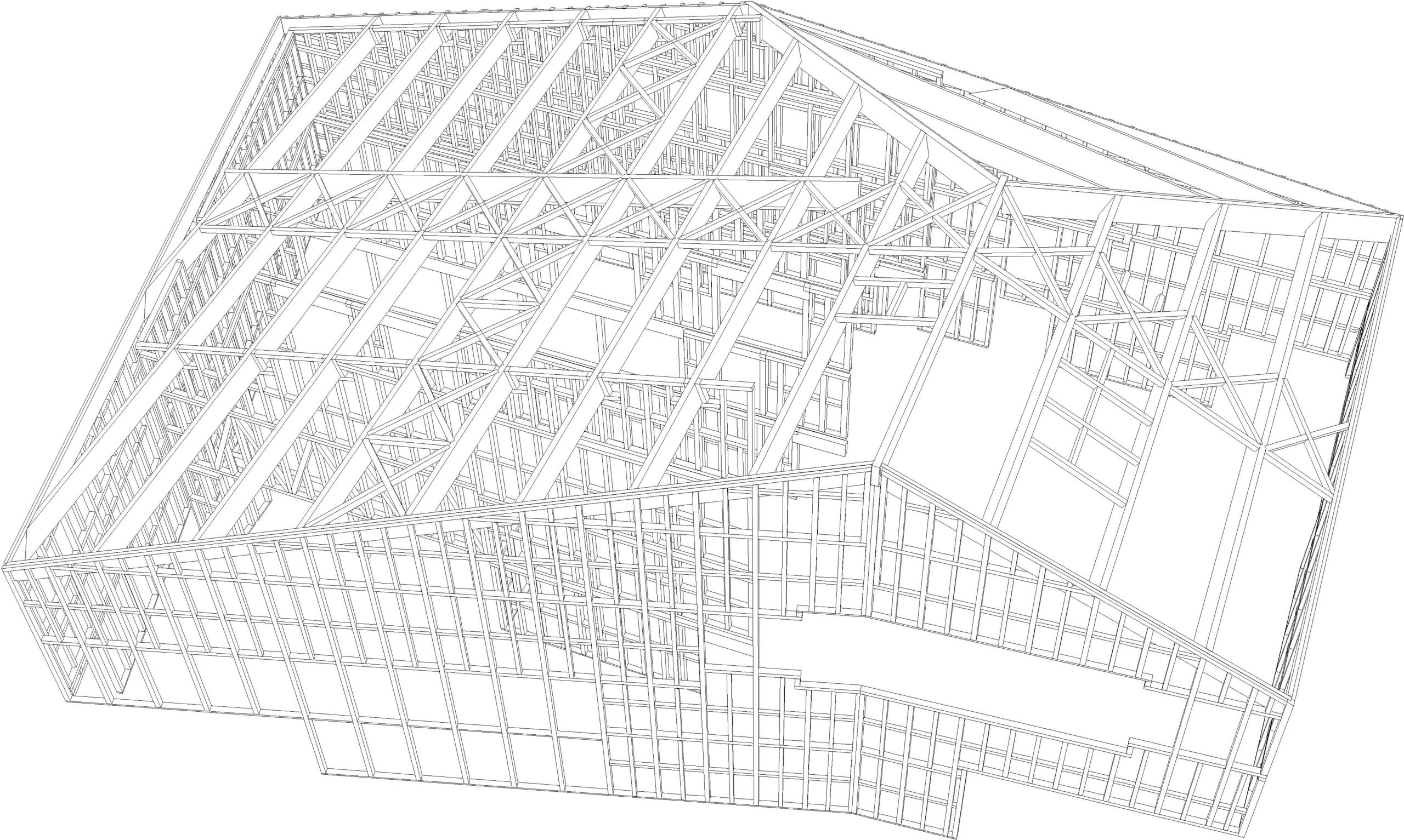 Axonométrie structurelle de la réhabilitation‑extension de la Maison du Parc du Haut‑Jura à Lajoux, montrant ossature bois, charpente et double peau enveloppante.