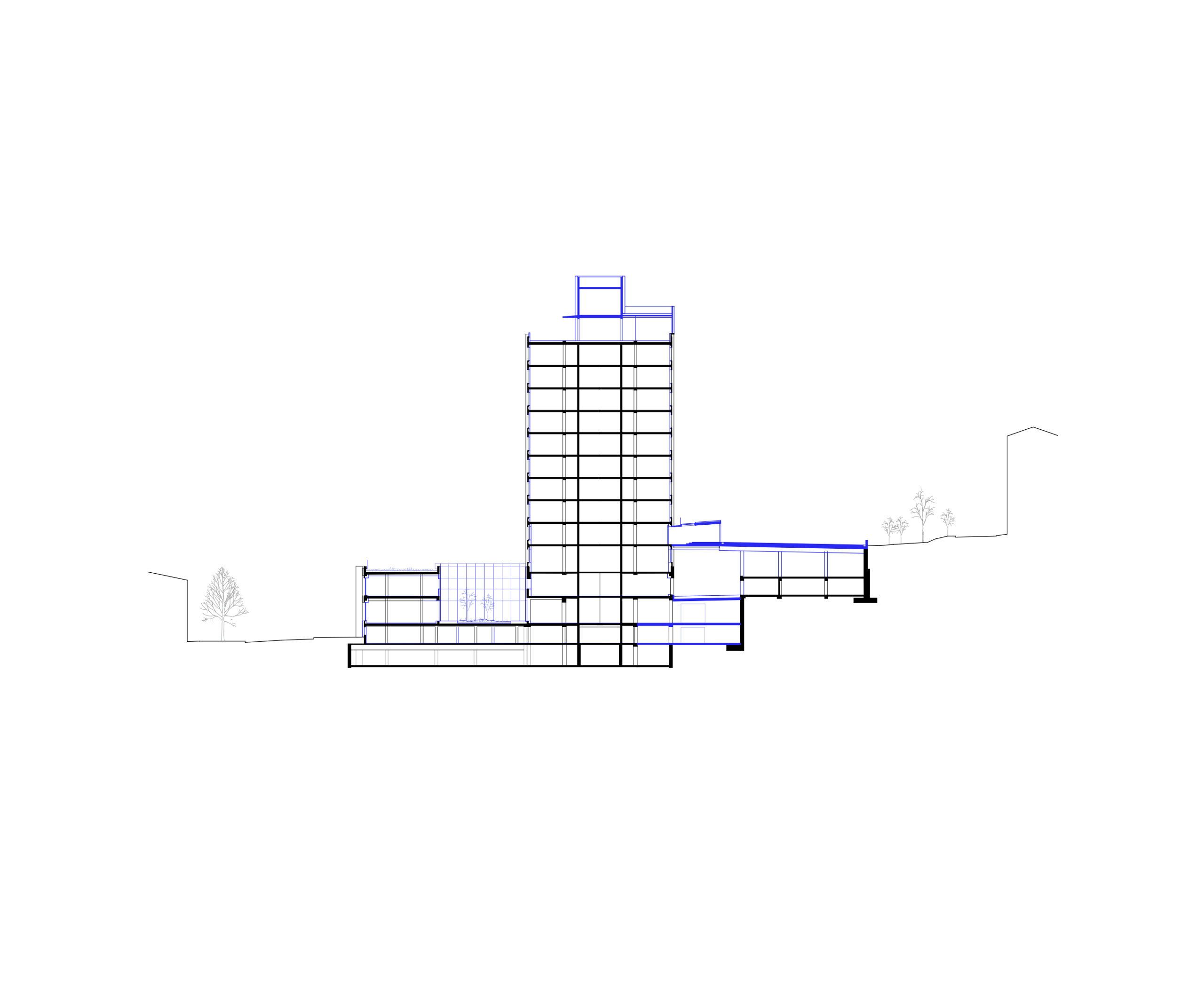 Coupe architecturale de la réhabilitation de l’IGH Émile Loubet à Saint-Étienne, montrant la tour, le socle tertiaire et les volumes ajoutés en attique.