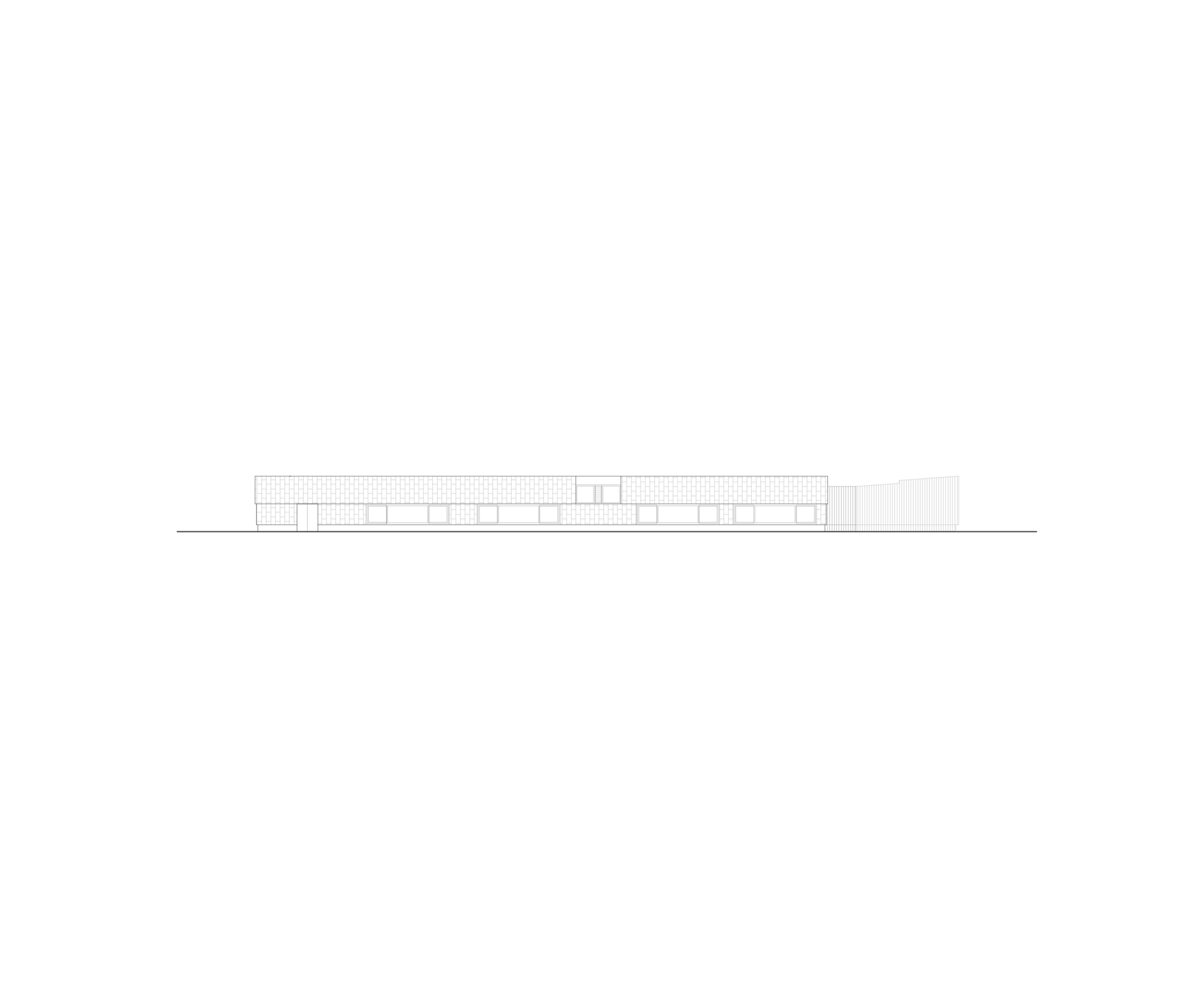 Elevational drawing of Hubert Reeves Elementary School in Champagnole, showing a low linear volume with regular classroom openings and zinc-clad envelope.