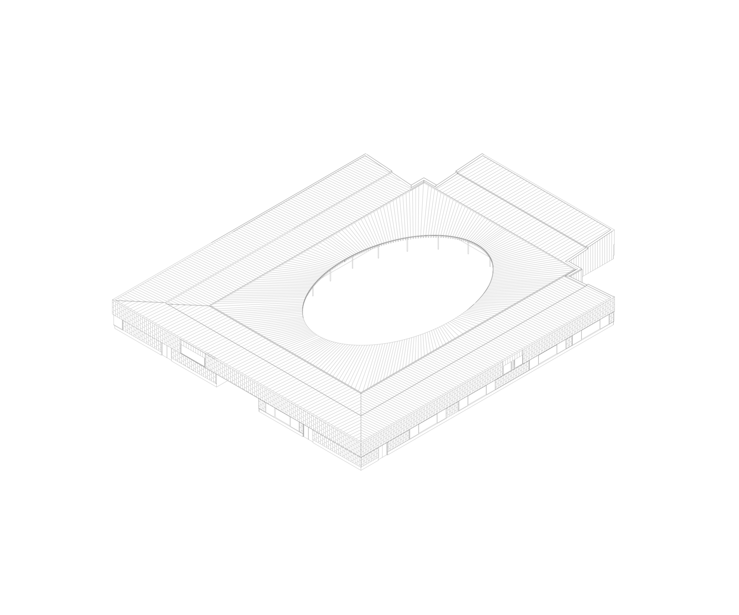 Axonometric drawing of Hubert Reeves Elementary School in Champagnole, showing timber-framed ring plan with elliptical impluvium roof around a central courtyard.