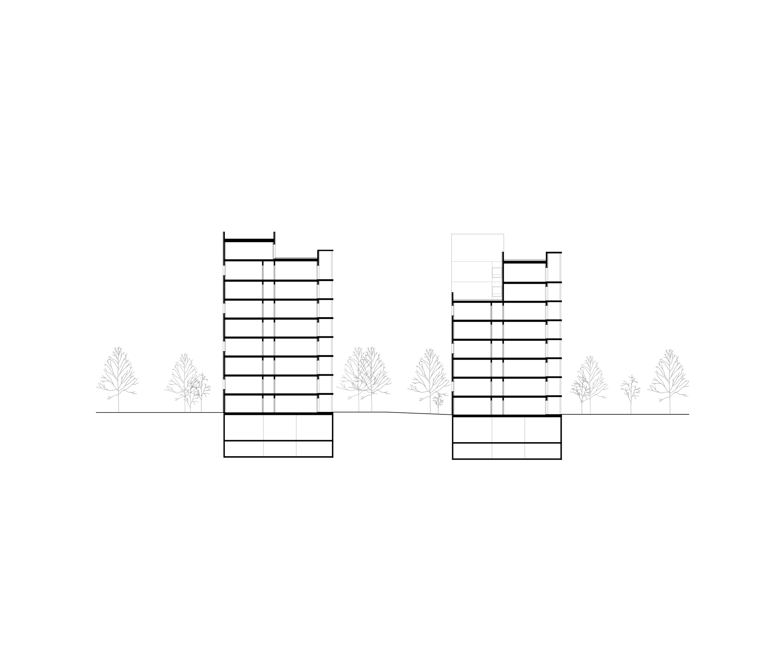 Coupe longitudinale des plots de logements Tectoniques à Vénissieux, montrant structure mixte, épannelage fragmenté et socle sur terrain paysager.