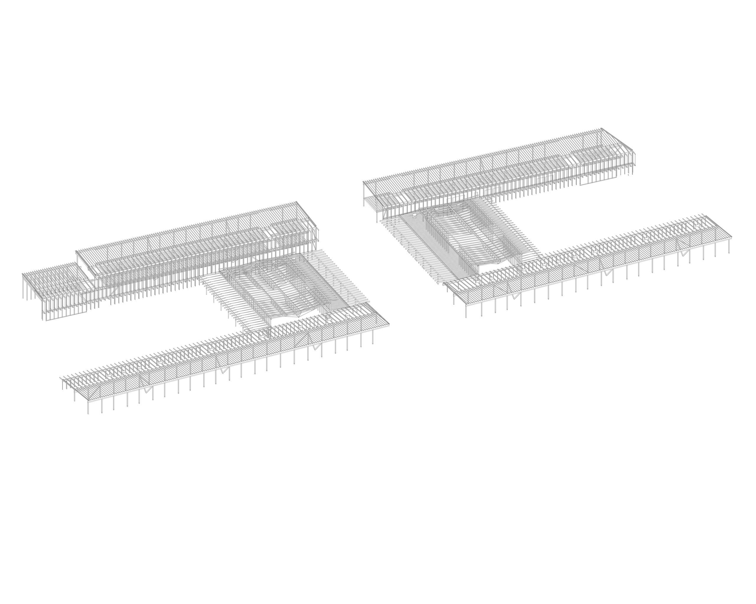 Axonométrie structurelle des groupes scolaires Jacqueline Auriol et Jean Jaurès au Bourget, montrant les deux volumes en U et leurs trames porteuses.