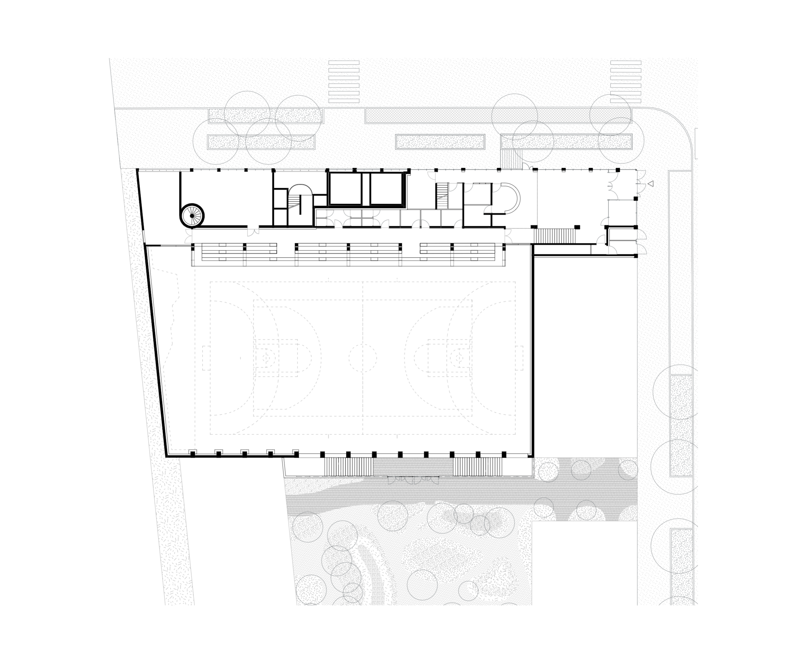 Ground plan of the semi-underground sports hall in the E4 North block, Lyon, showing the main court, service band, circulation cores and garden interface.