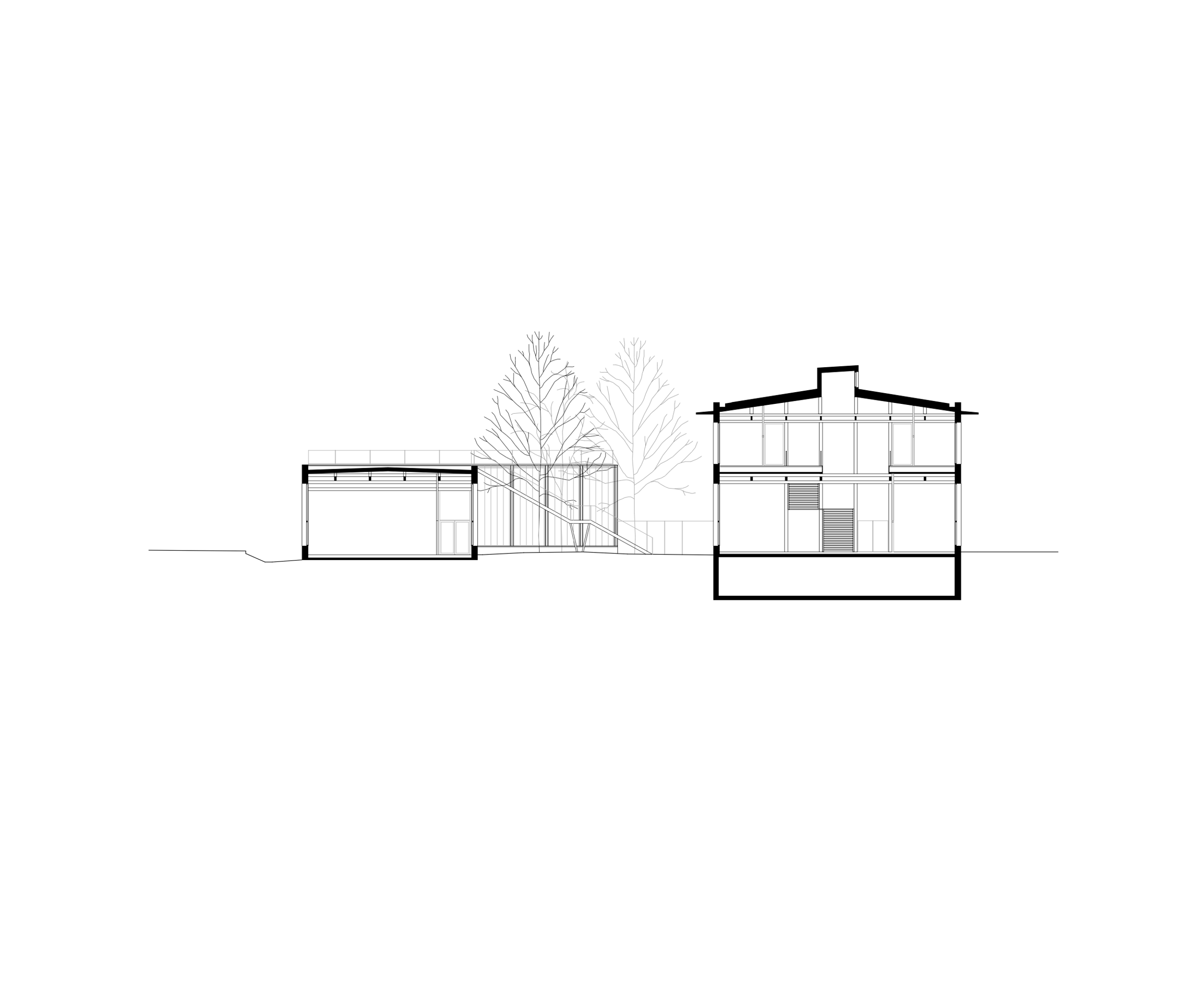 Coupe architecturale des équipements universitaires à Vaulx-en-Velin, montrant deux volumes reliés par un passage vitré et l’articulation des niveaux intérieurs.