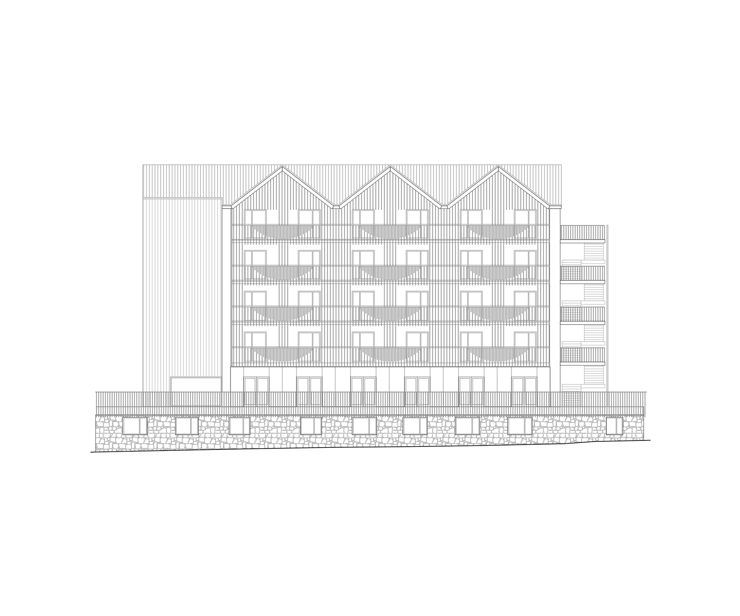Élévation de l’auberge de jeunesse des Deux Alpes par Tectoniques, socle maçonné, structure bois à claire-voie, balcons superposés et toitures à deux pans.