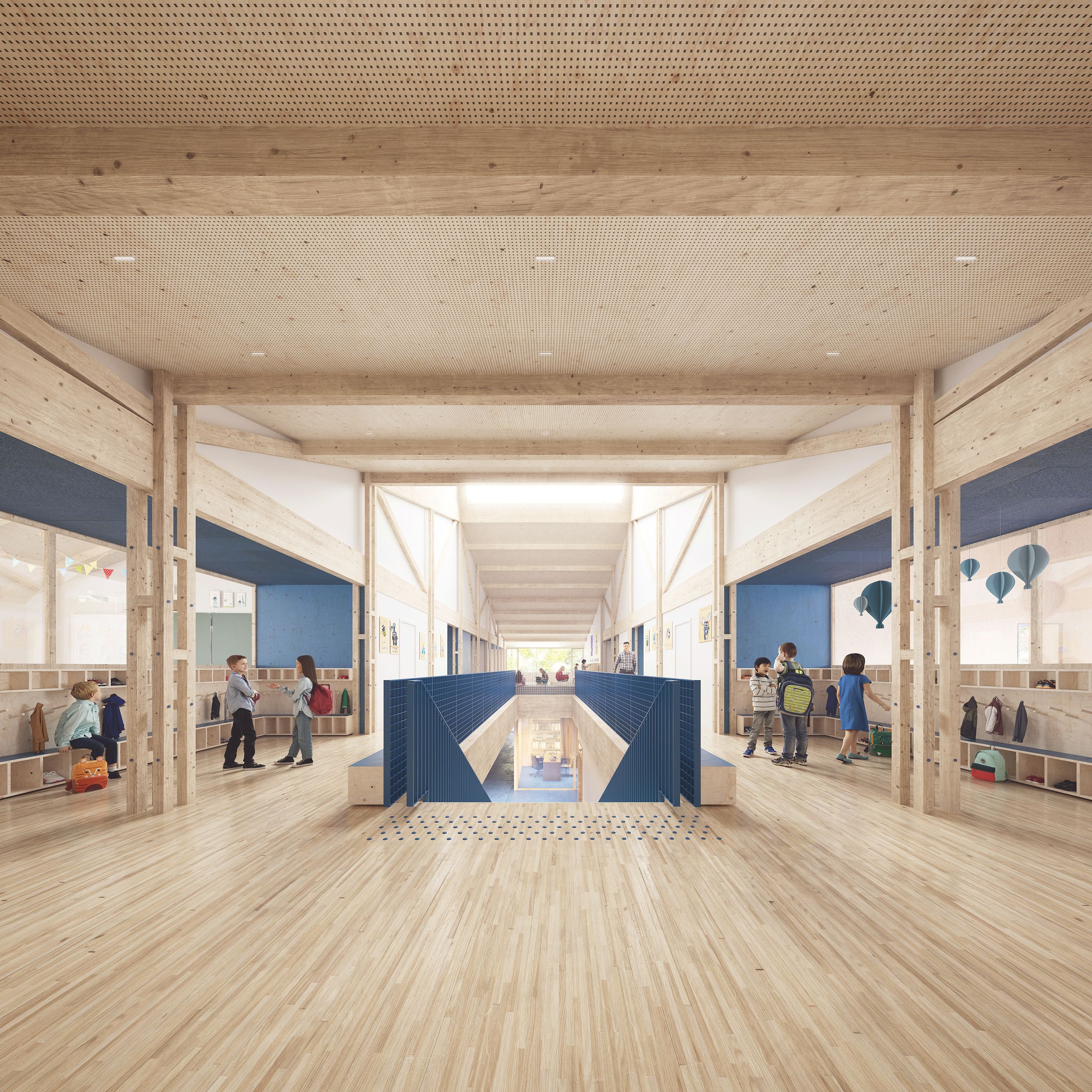 Atrium du groupe scolaire Louis Pergaud à Levier : structure et sols en bois, plafond acoustique perforé, coursives et garde-corps bleus.