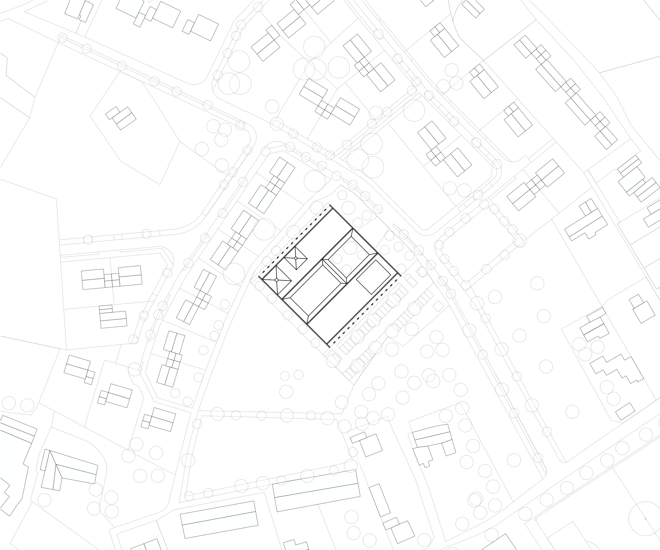 Site plan of the Youth Cultural Center in Vaison-la-Romaine, a stone-enclosed square with two wings framing a central garden and multi-sport court.