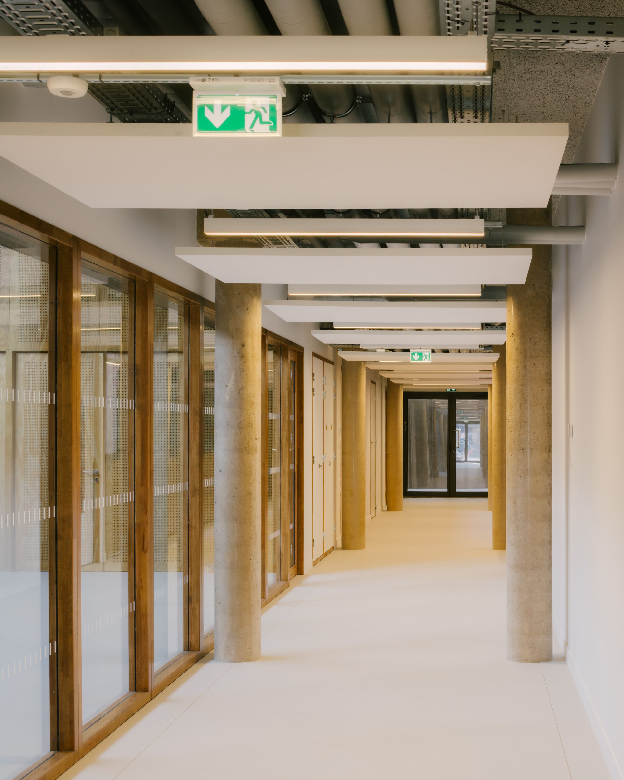 Couloir de la Maison des familles à Limonest, structure béton apparent, menuiseries bois vitrées et faux-plafonds techniques révélant les réseaux
