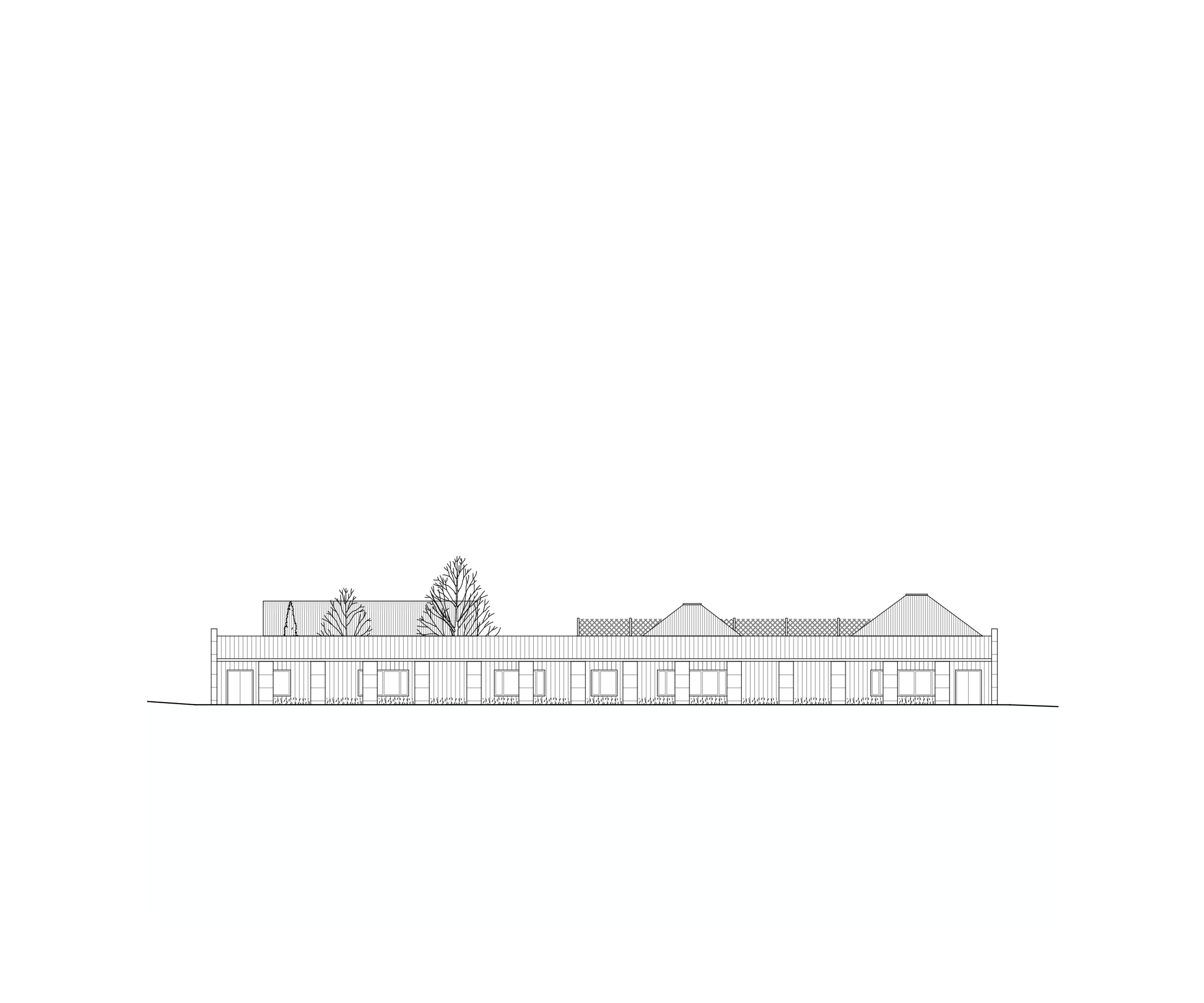 Elevation drawing of the Youth Cultural Center in Vaison-la-Romaine, showing a low stone enclosure, recessed openings and taller roof volumes over halls.
