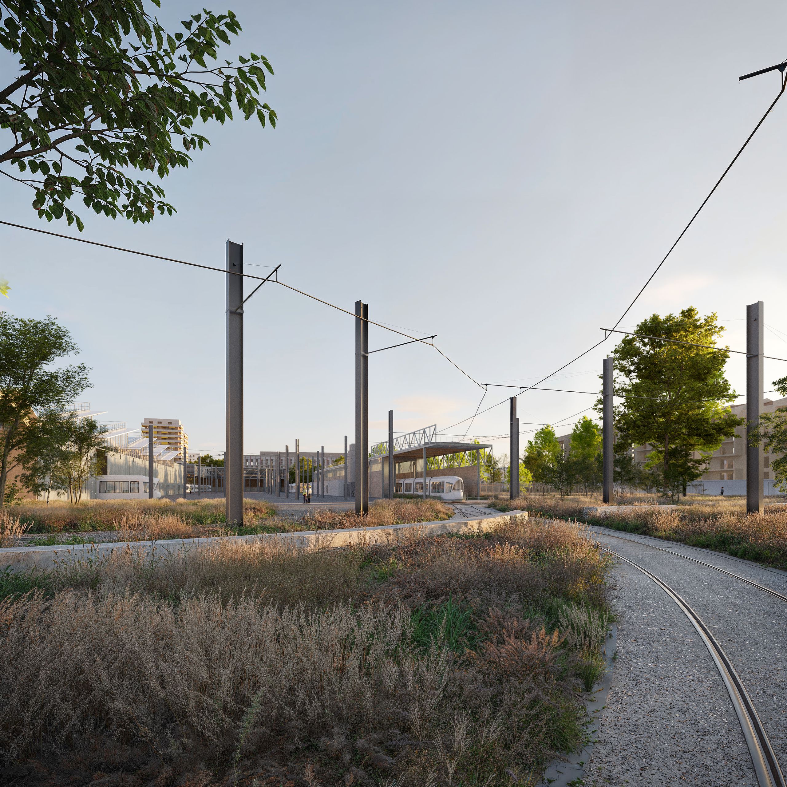 View of the Lyon tramway maintenance center with steel catenary masts, curved tracks and low industrial halls set in a wild grass and tree landscape.