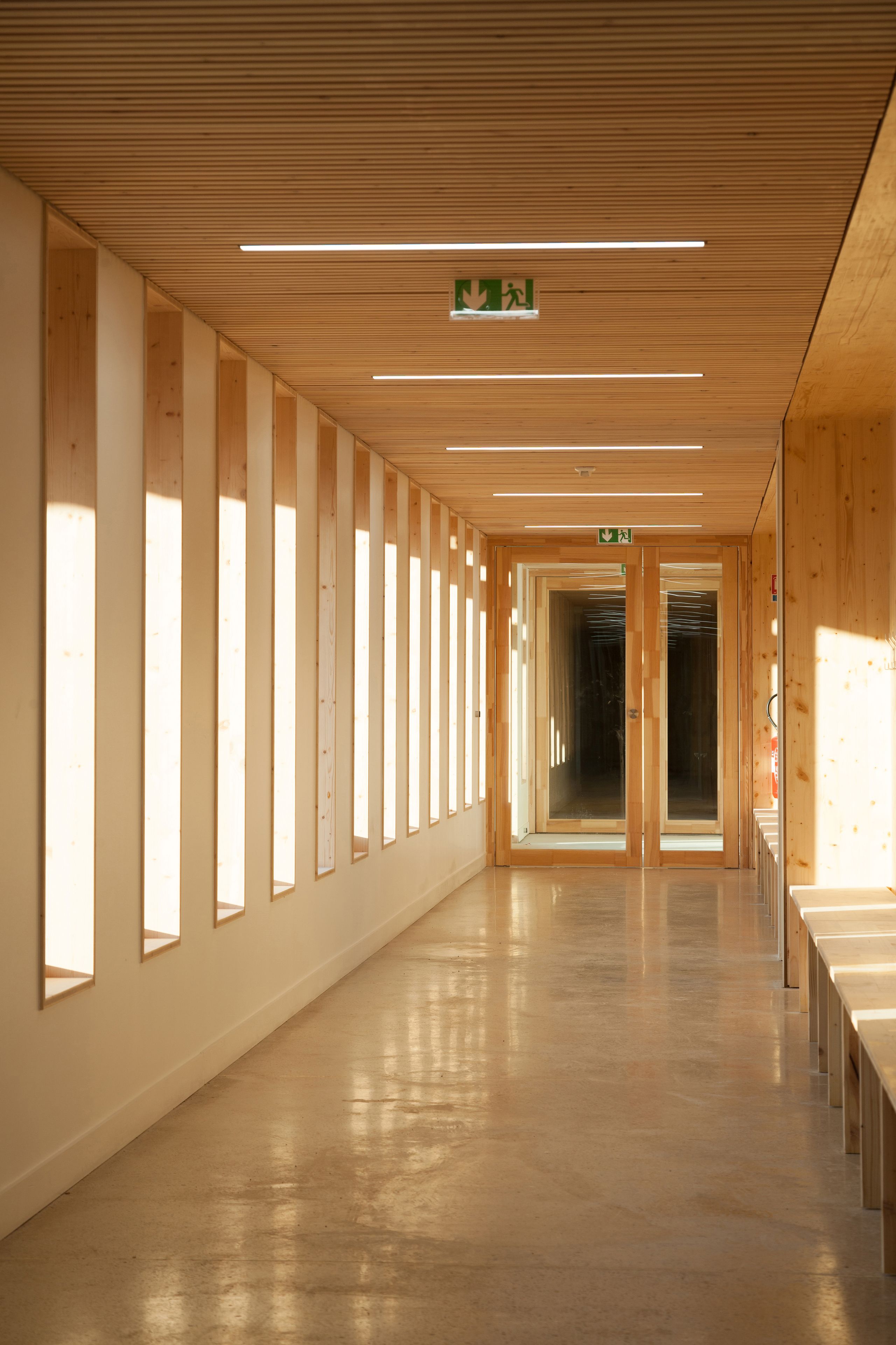 Couloir de l’école élémentaire Hubert Reeves à Champagnole, ossature bois apparente, plafond à lames, baies verticales rythmées et sol béton poli.