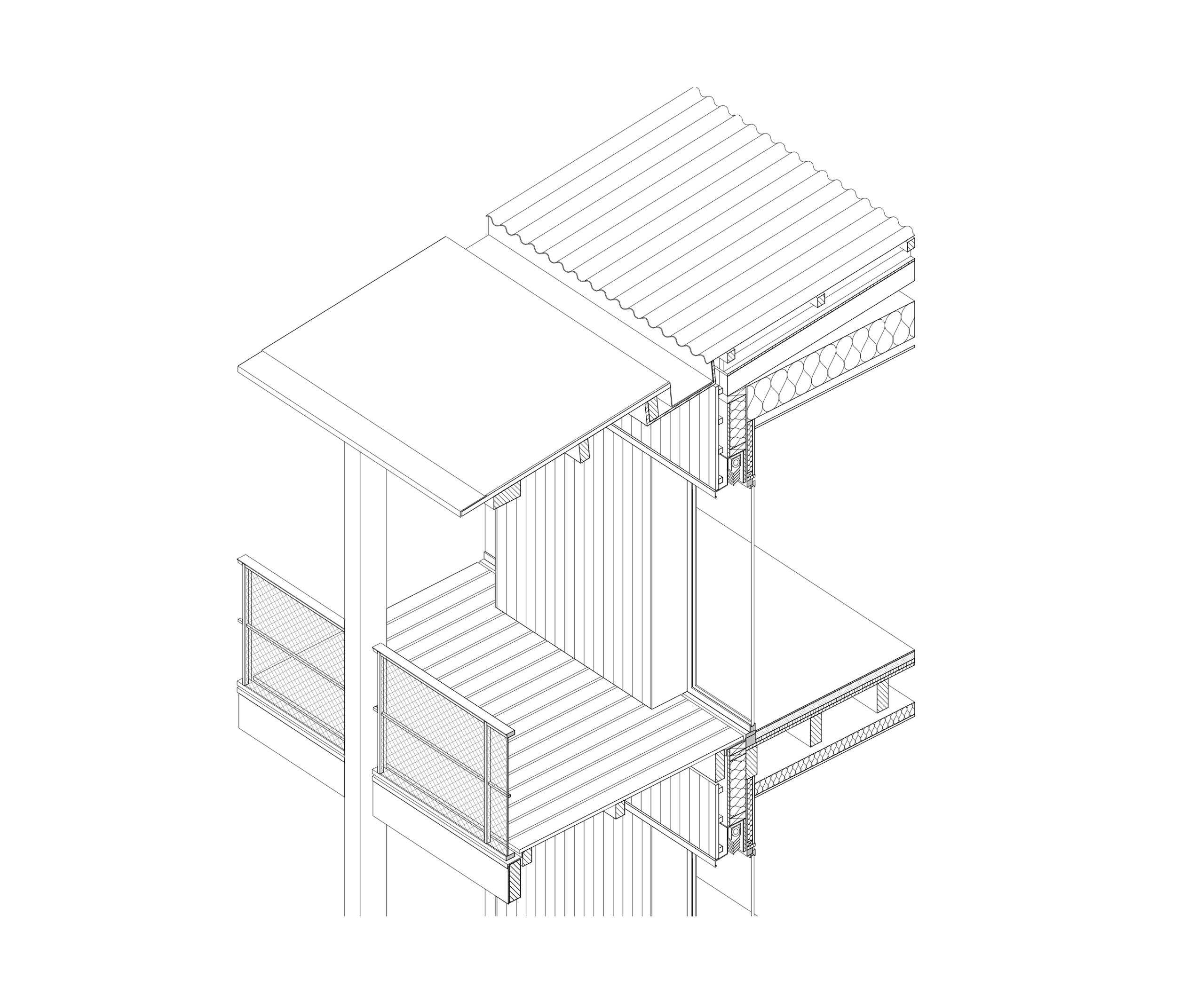 Détail axonométrique des façades bois, balcons et exo-structure du projet de 84 logements à Trévoux, montrant planchers, poteaux et protections solaires.