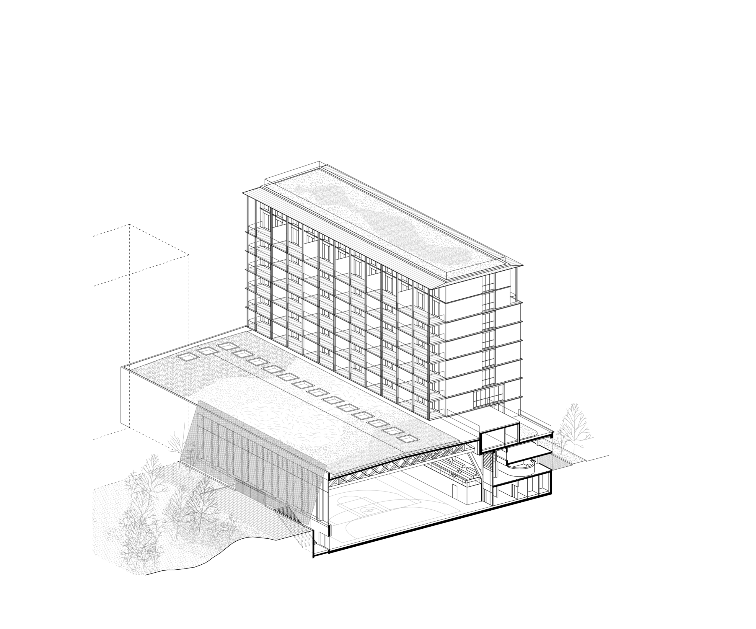 Axonometric drawing of the E4 North block in Lyon, showing U-shaped housing slab over semi-underground sports hall, roof garden and cross-ventilated galleries.