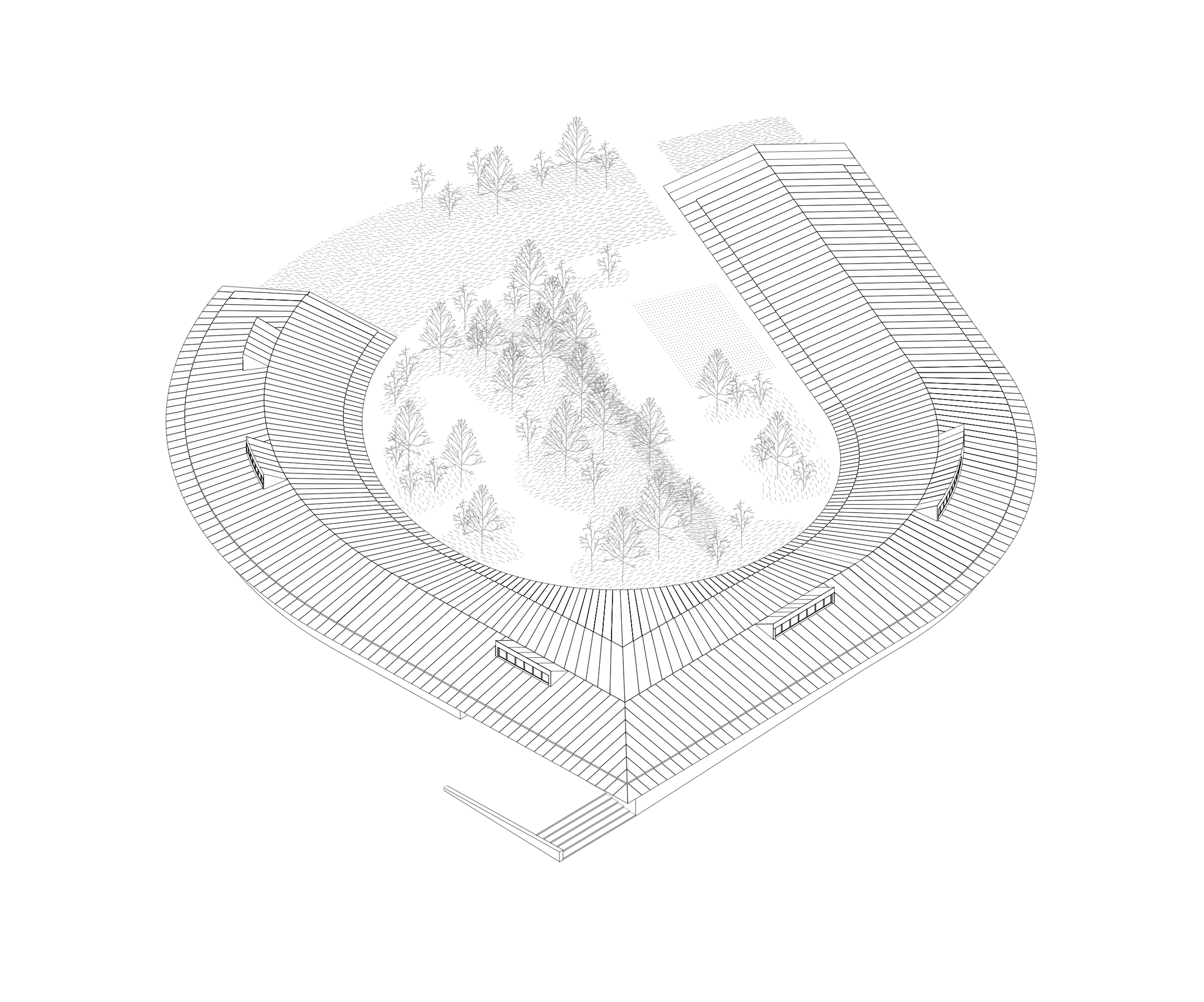 Axonométrie du School complex à Vienne : volume courbe en ossature bois sous grande toiture zinc, enveloppant une cour paysagée en belvédère.