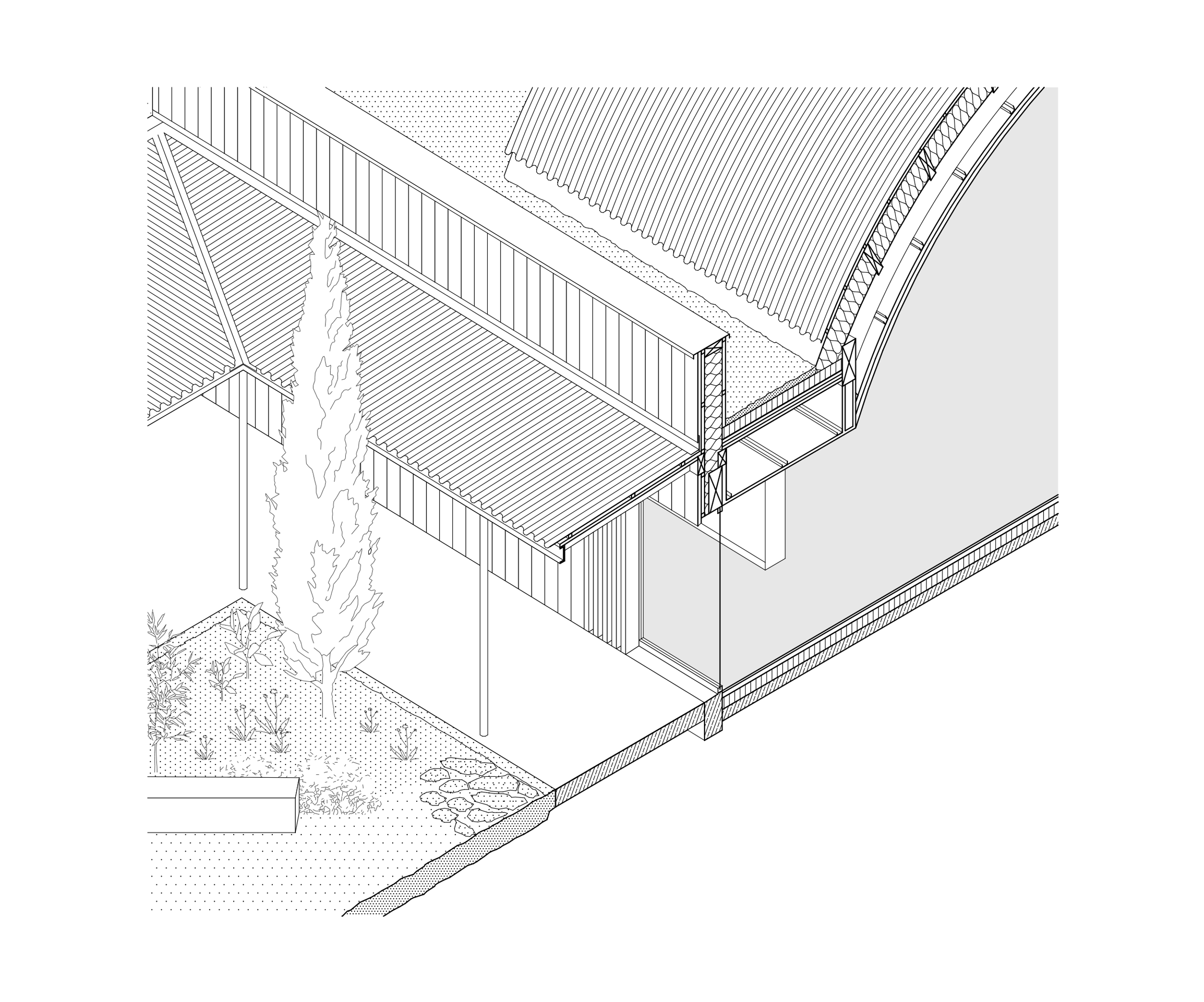 Détail axonométrique du pôle culturel de Vaison-la-Romaine, montrant l’enceinte en pierre, la toiture métallique nervurée et le jardin intérieur planté.