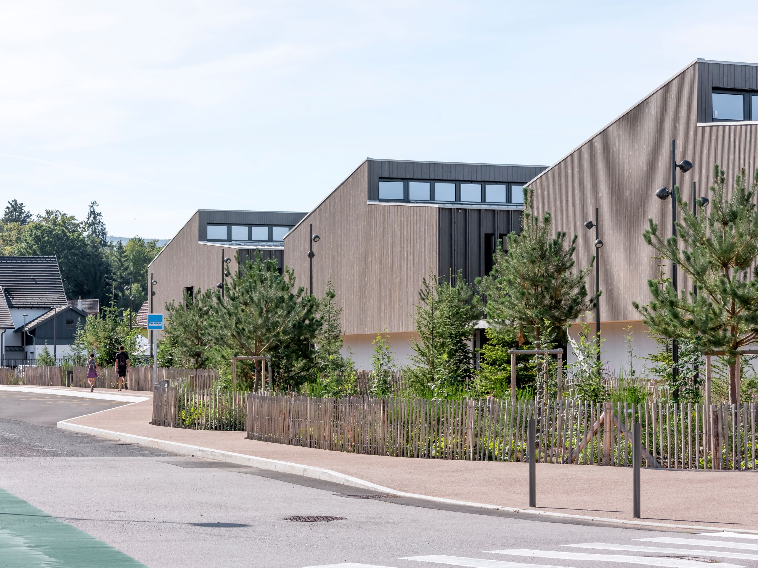 Vue du Collège du Ban à Vagney : ailes en peigne à pignons bois, façades rythmées de baies hautes, clôture légère et plantations en lisière de rue.