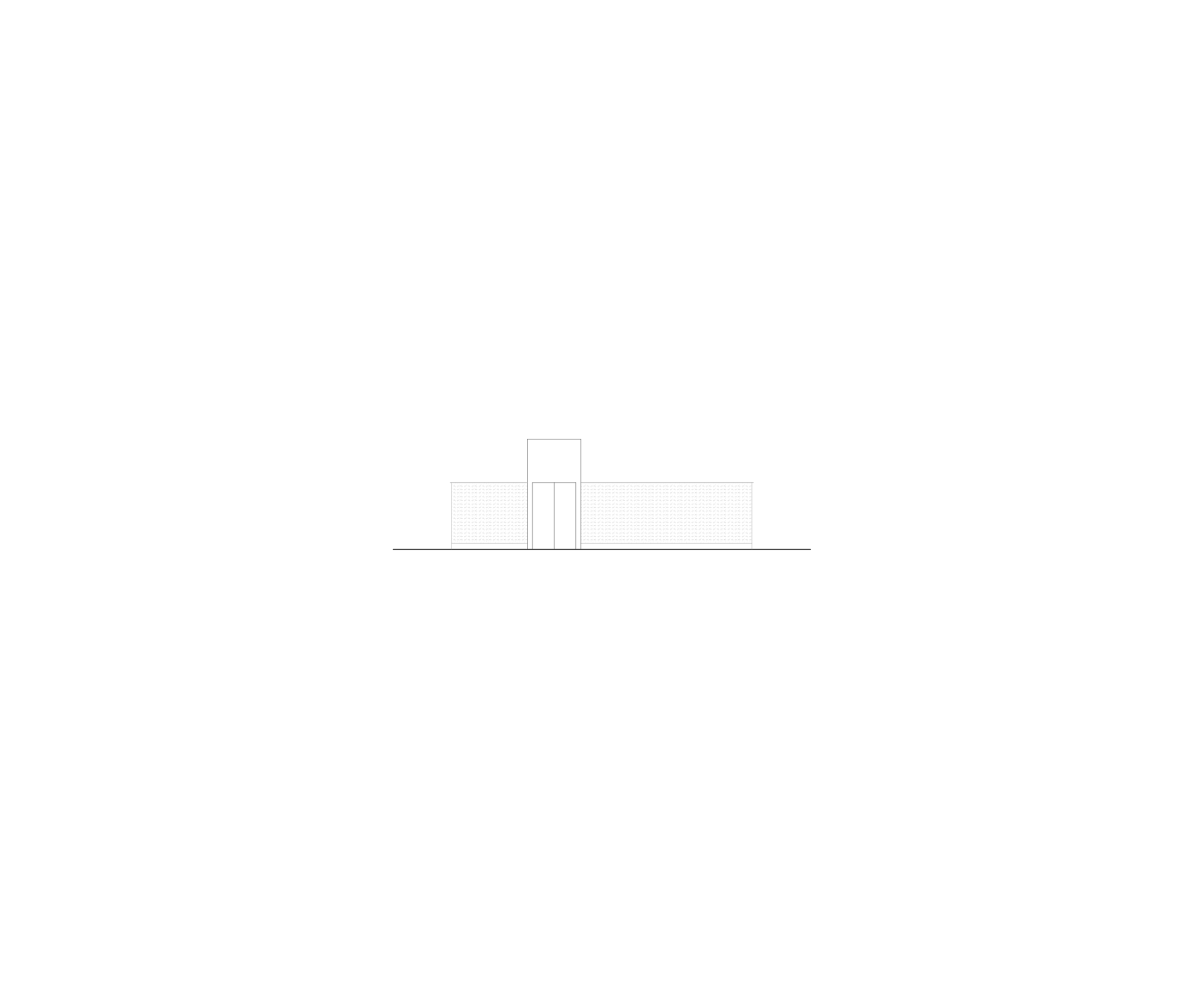 Élévation du poste source de Cusset à Villeurbanne : volume central en béton encadré de deux ailes basses, composition symétrique et épurée sur terrain plat.