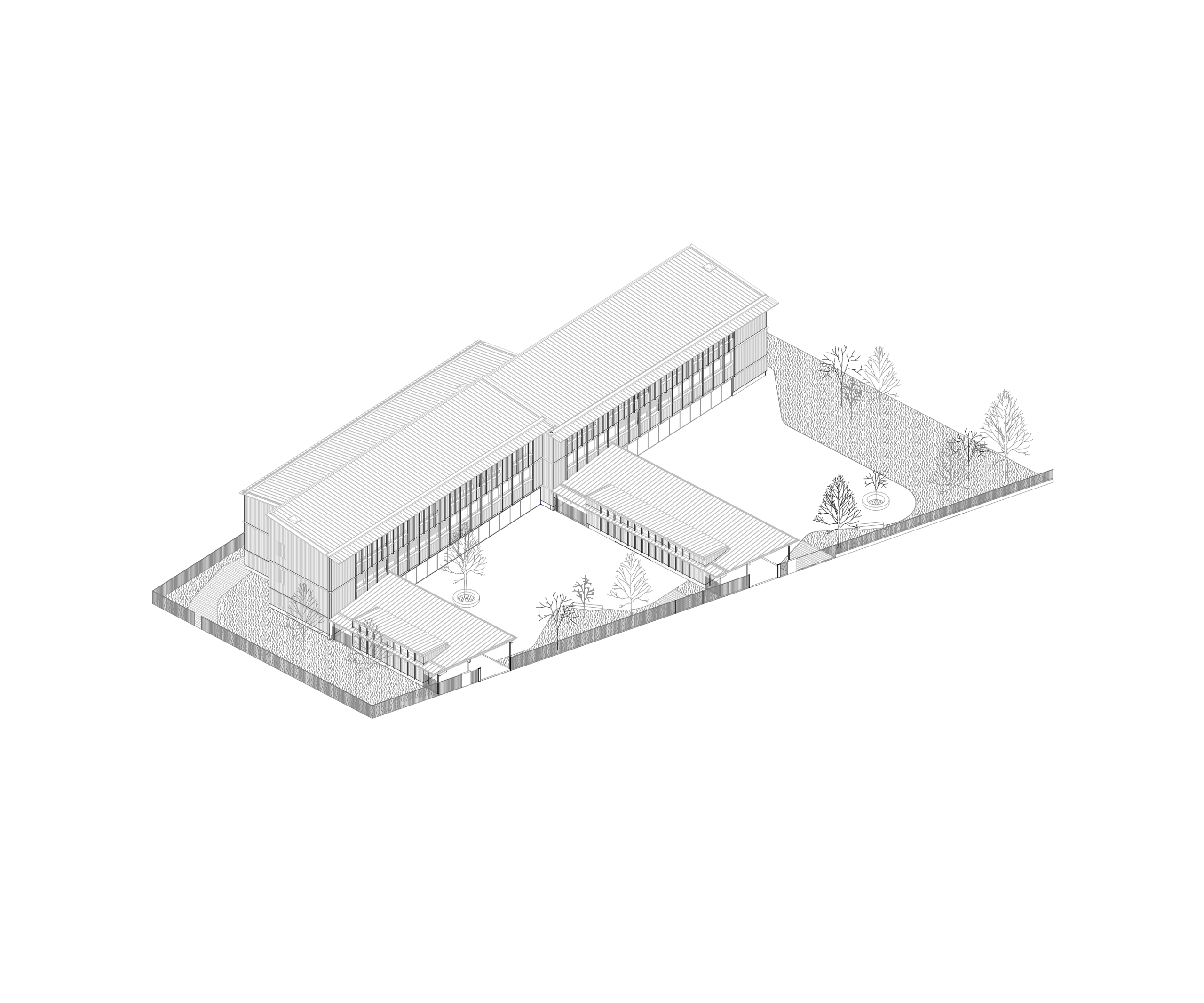 Axonométrie du groupe scolaire du Bouchet à Bonneville, montrant la surélévation bois, les deux préaux perpendiculaires et les cours paysagées.