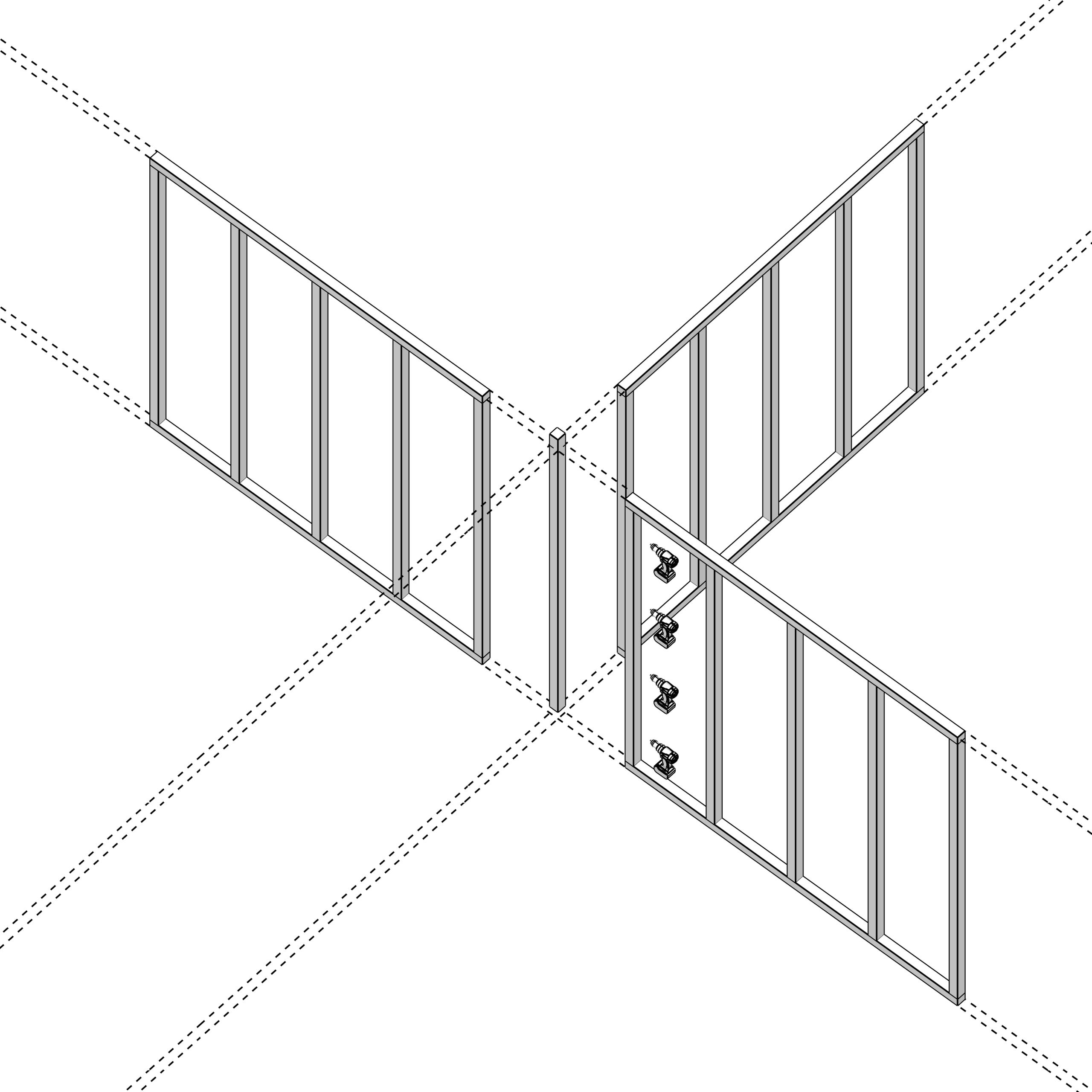 Axonométrie du workshop 60x60 à Versailles montrant la trame en ossature bois 2400x60x60 mm et l’assemblage modulaire de panneaux manuportables.