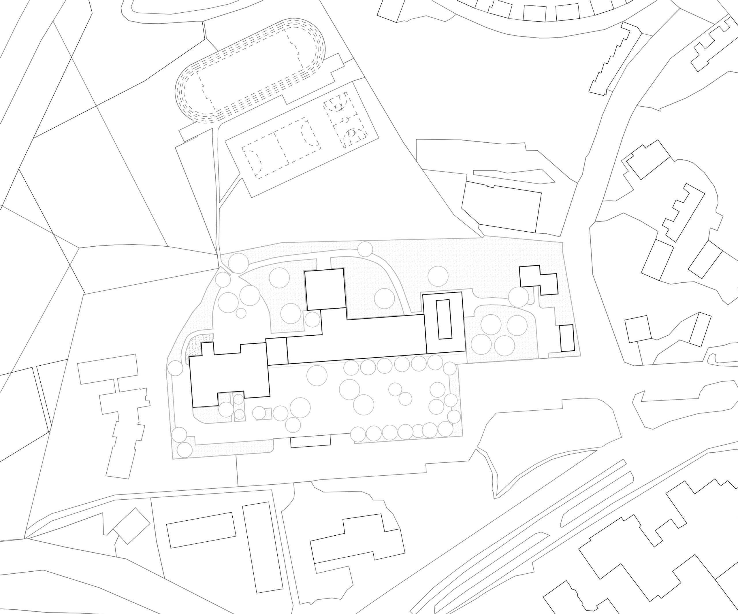 Plan masse du projet de restructuration du collège Maryse Bastié à Dole, montrant les volumes existants, les extensions et les espaces paysagers.