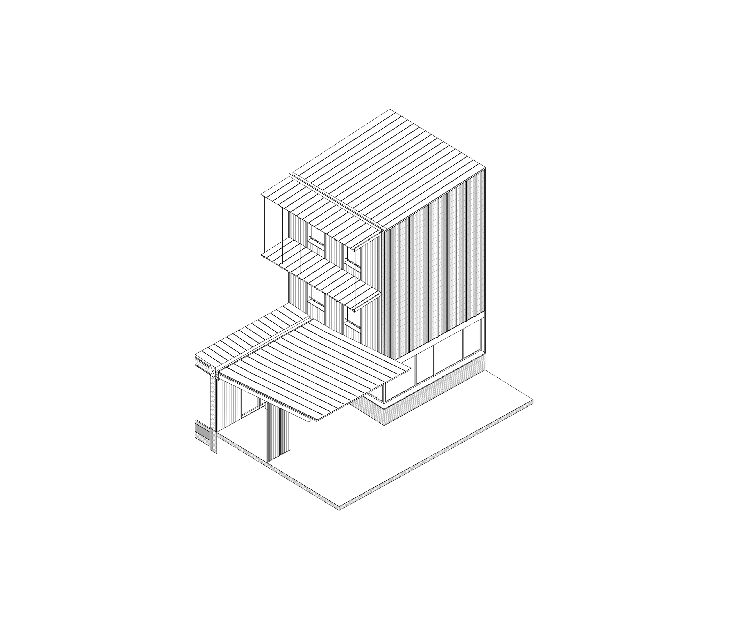 Axonométrie d’un volume en U des groupes scolaires Jacqueline Auriol et Jean Jaurès au Bourget, montrant façades bois, auvents profonds et trame structurelle lisible.