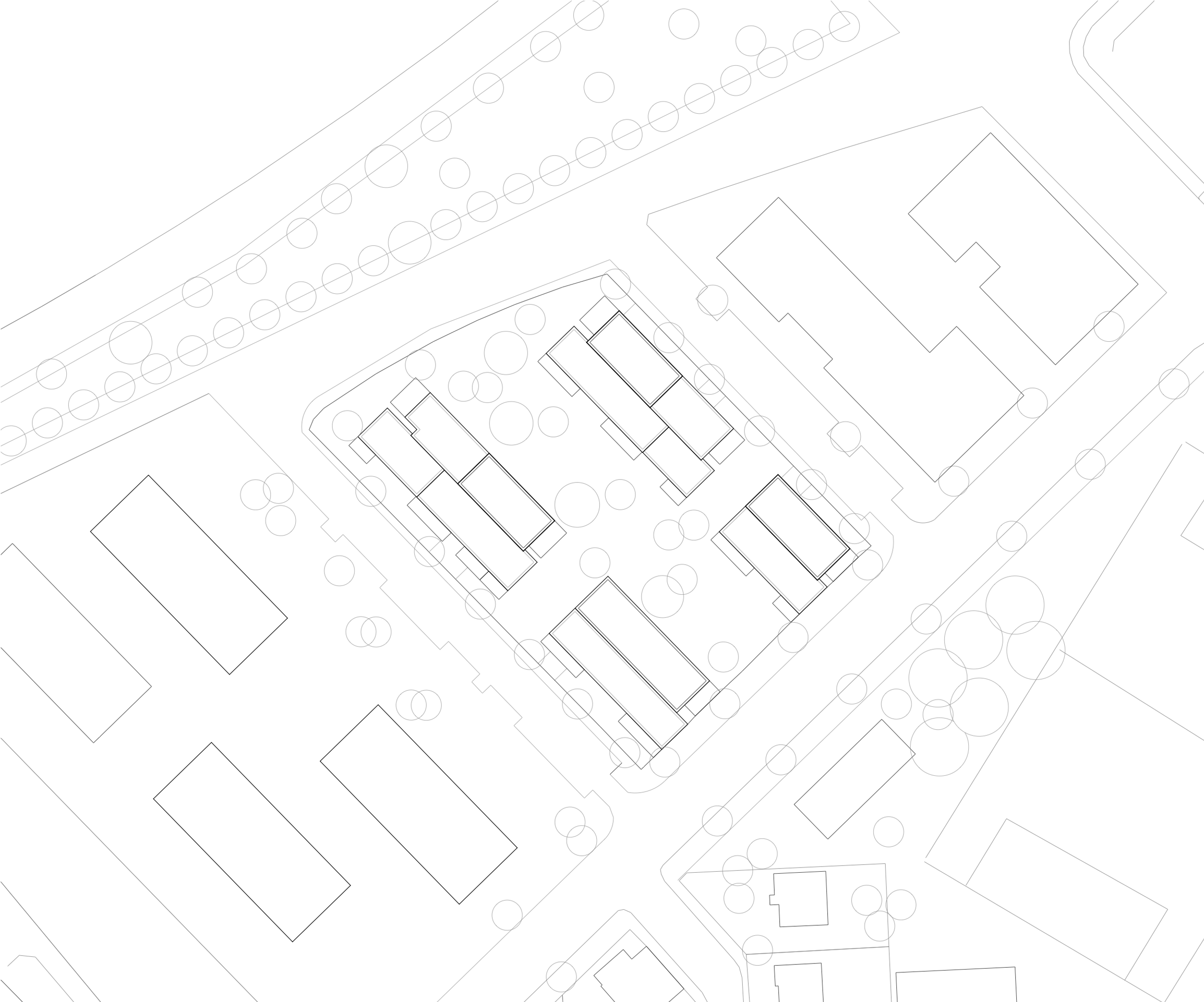 Plan masse du projet de 116 logements à Vénissieux par Tectoniques, montrant l’implantation fragmentée de plusieurs volumes bâtis au centre de la parcelle, disposés en plots parallèles et décalés le long d’un axe paysager. Le dessin technique met en évidence la trame des bâtiments, les circulations extérieures, les emprises au sol limitées et les larges zones de pleine terre plantées d’arbres, ainsi que le rapport du complexe résidentiel au tissu urbain dense et aux îlots voisins.