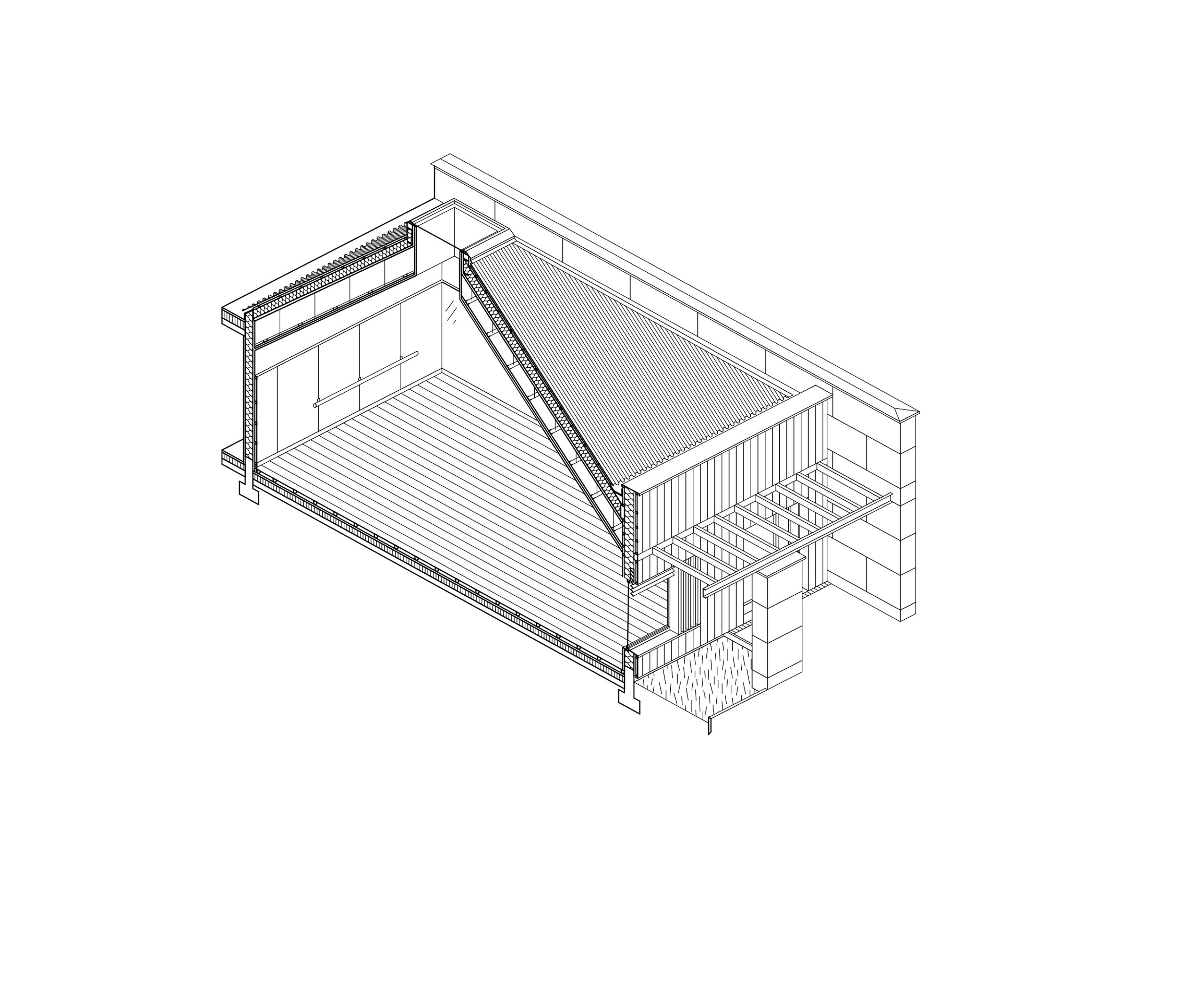 Axonometric section of the Youth Cultural Center in Vaison-la-Romaine, showing a stone enclosure, timber hall, sloping roof and glazed dance studio.