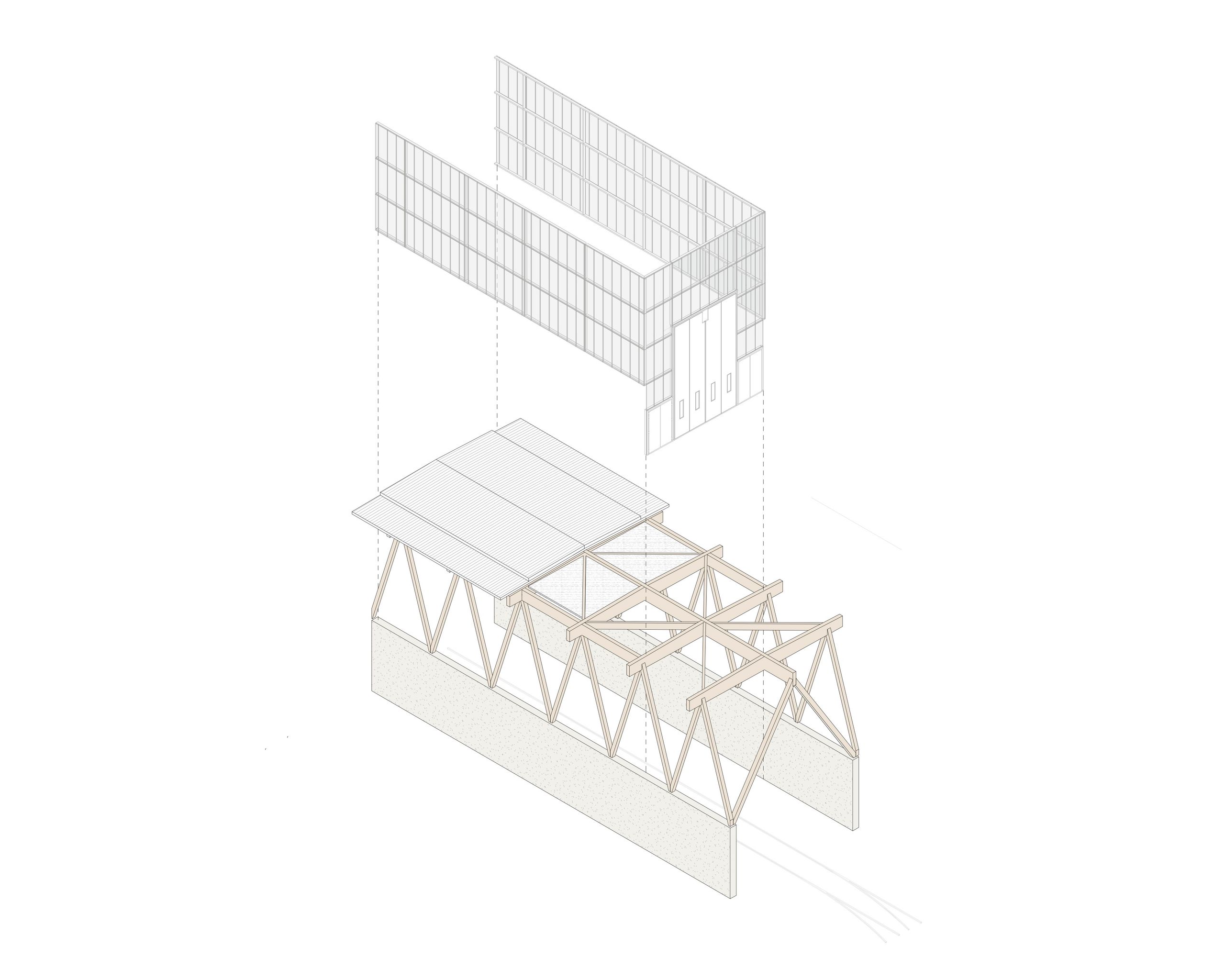 Axonométrie éclatée du centre de maintenance de tramway à Lyon, montrant charpente bois triangulée, toiture légère et enveloppe vitrée en volume supérieur.
