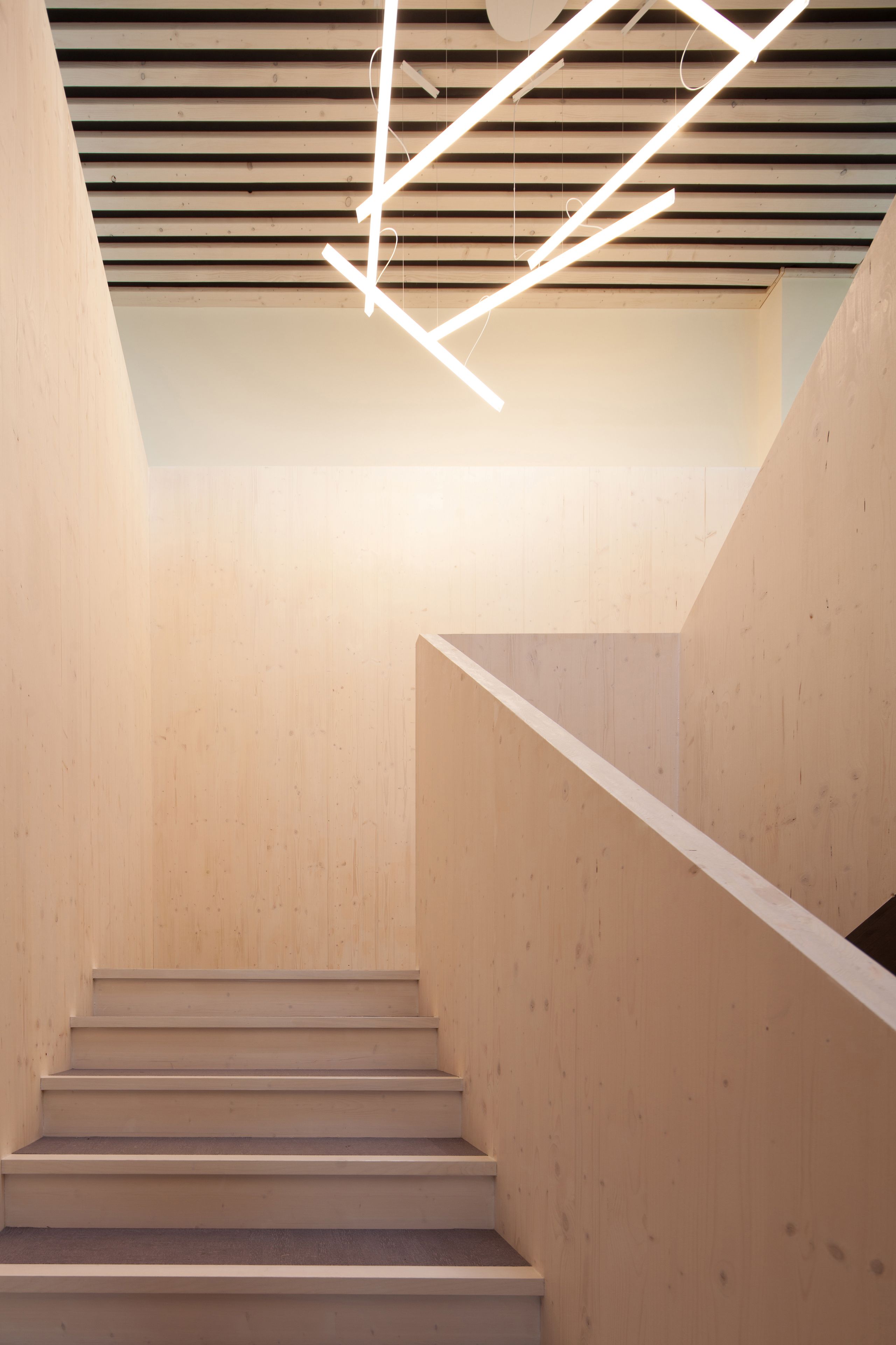 Escalier en bois clair de la surélévation tertiaire à Saint-Martin-Belle-Roche, éclairé par un luminaire linéaire suspendu sous plafond à lames noires.
