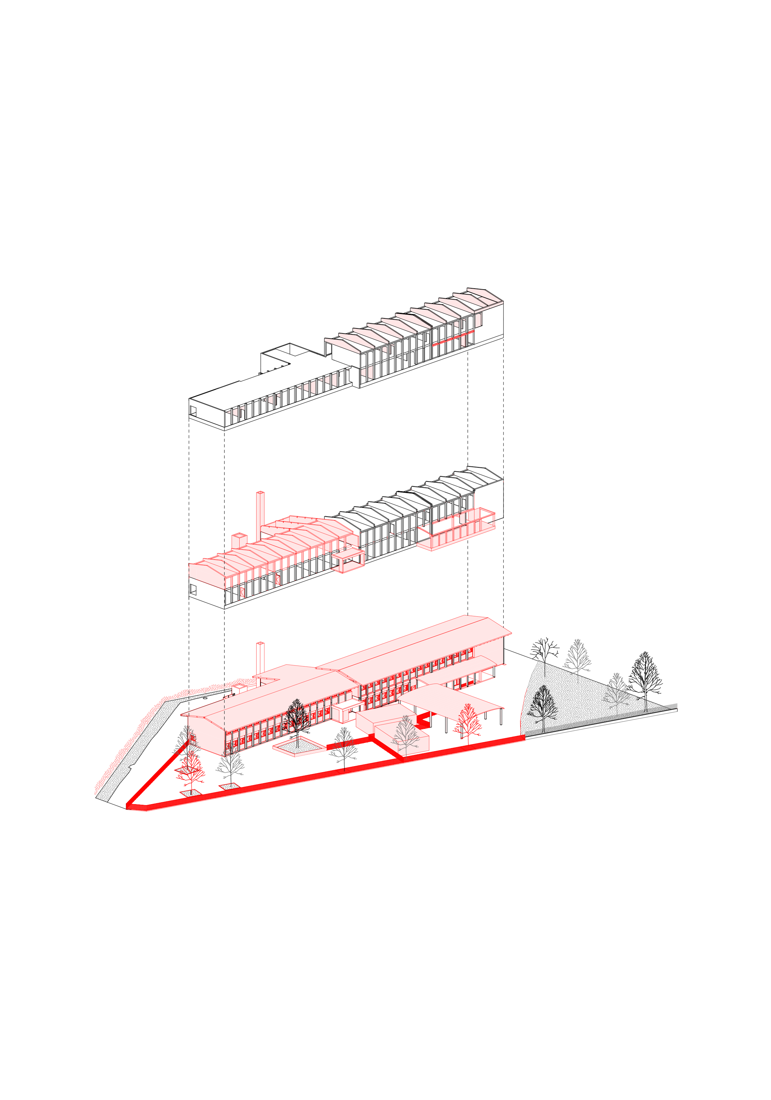 Axonométrie du groupe scolaire du Bouchet à Bonneville montrant la surélévation en ossature bois, la restructuration lourde et les nouveaux préaux perpendiculaires.