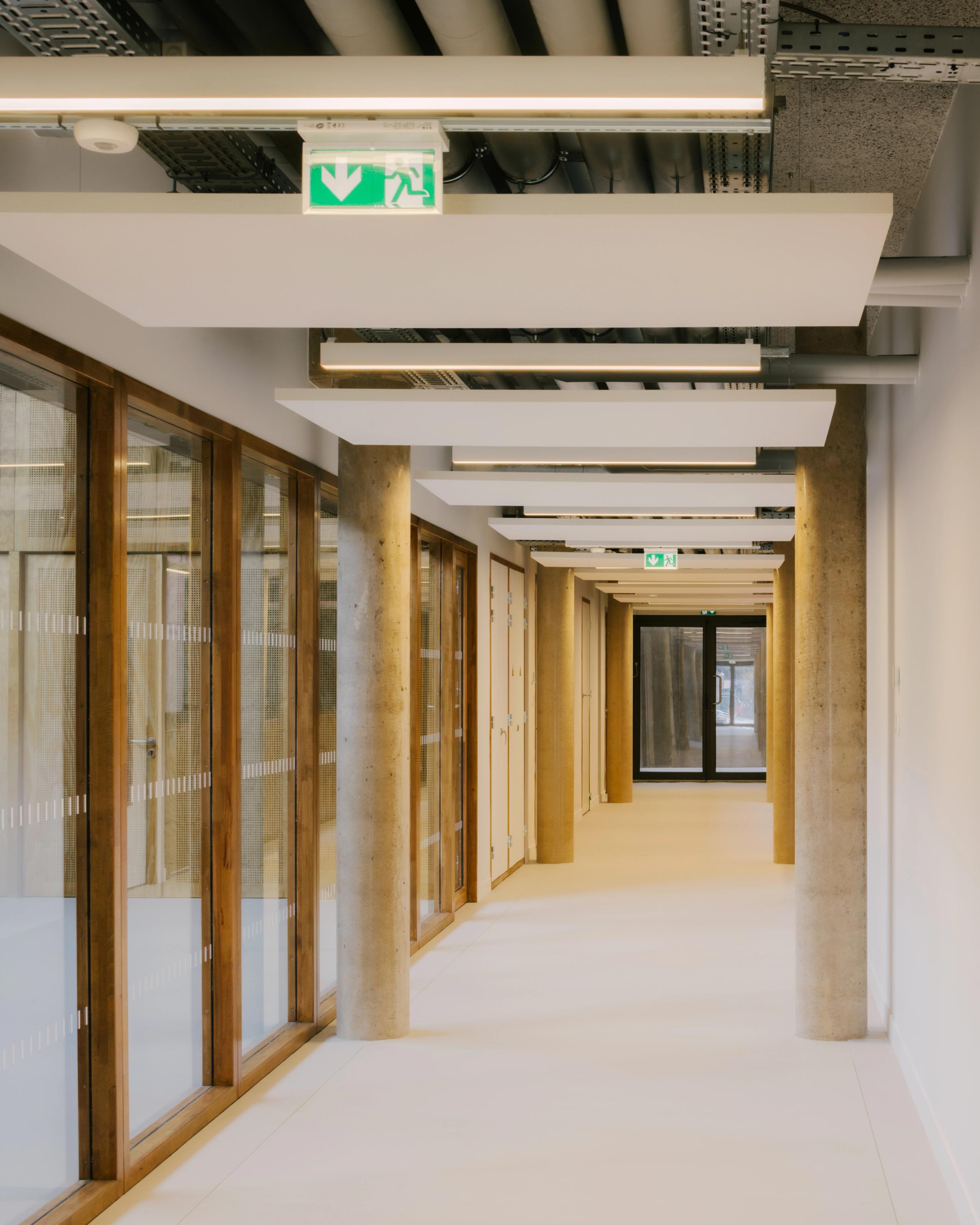 Couloir de la Maison des familles à Limonest, structure béton apparent, menuiseries bois vitrées, faux-plafonds suspendus et réseaux techniques visibles.