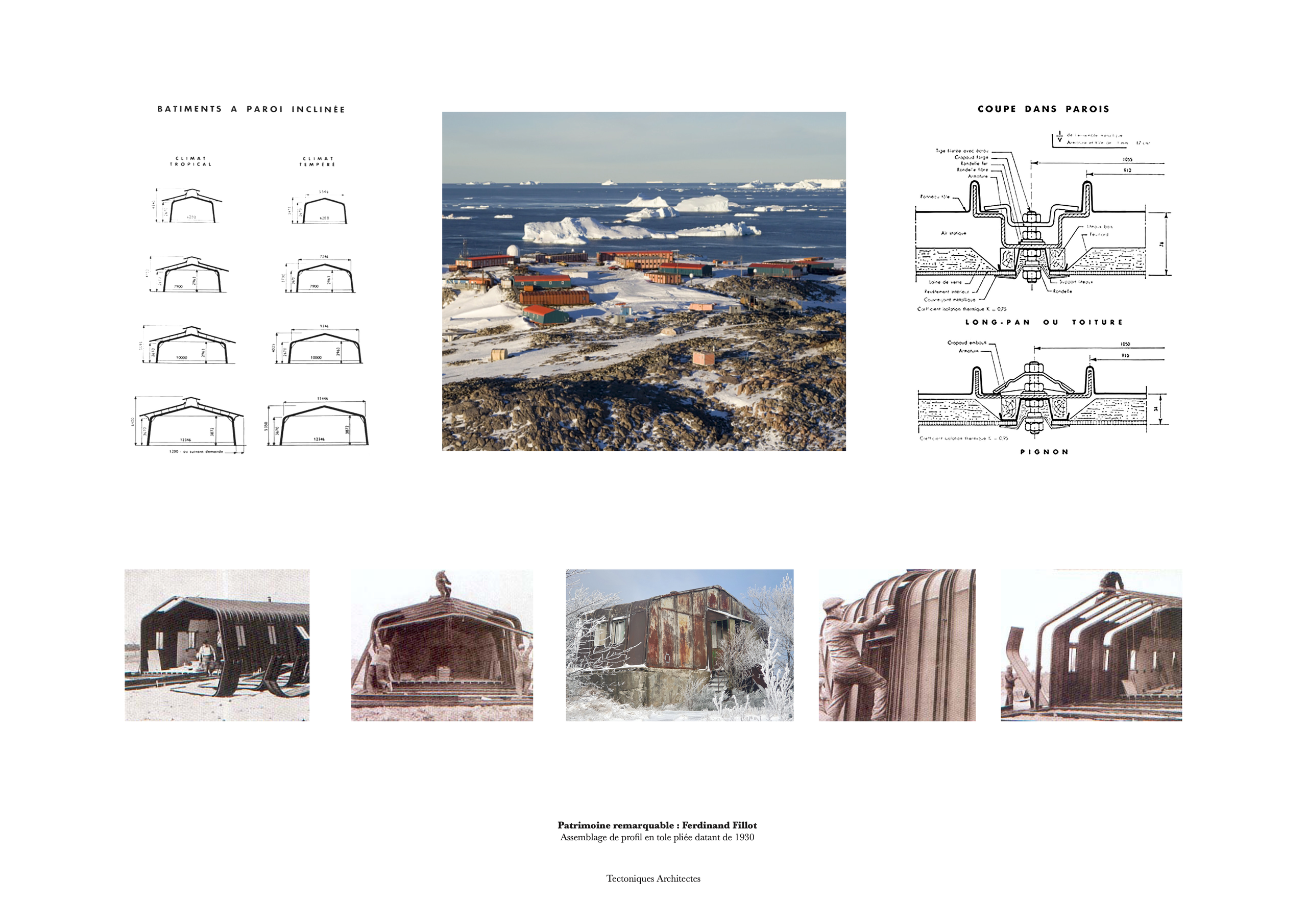Planche de référence pour la restructuration et l’extension de l’auberge de montagne du col de l’Oeillon à Véranne, mêlant coupes techniques et vues du site.