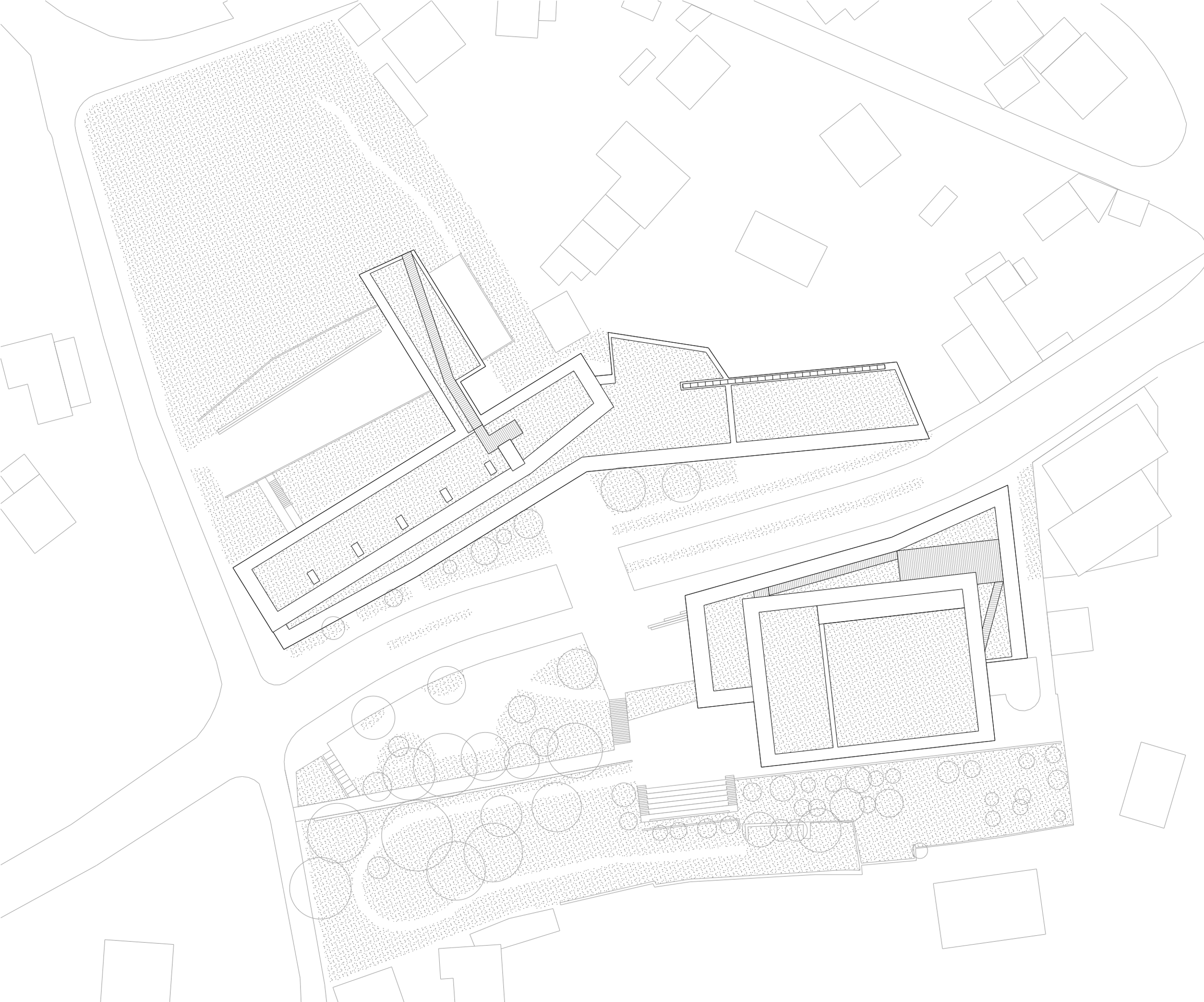 Plan masse de la médiathèque et du School complex Claudie Haigneré aux Pennes-Mirabeau, volumes en terrasses épousant la rue et le vallon boisé.