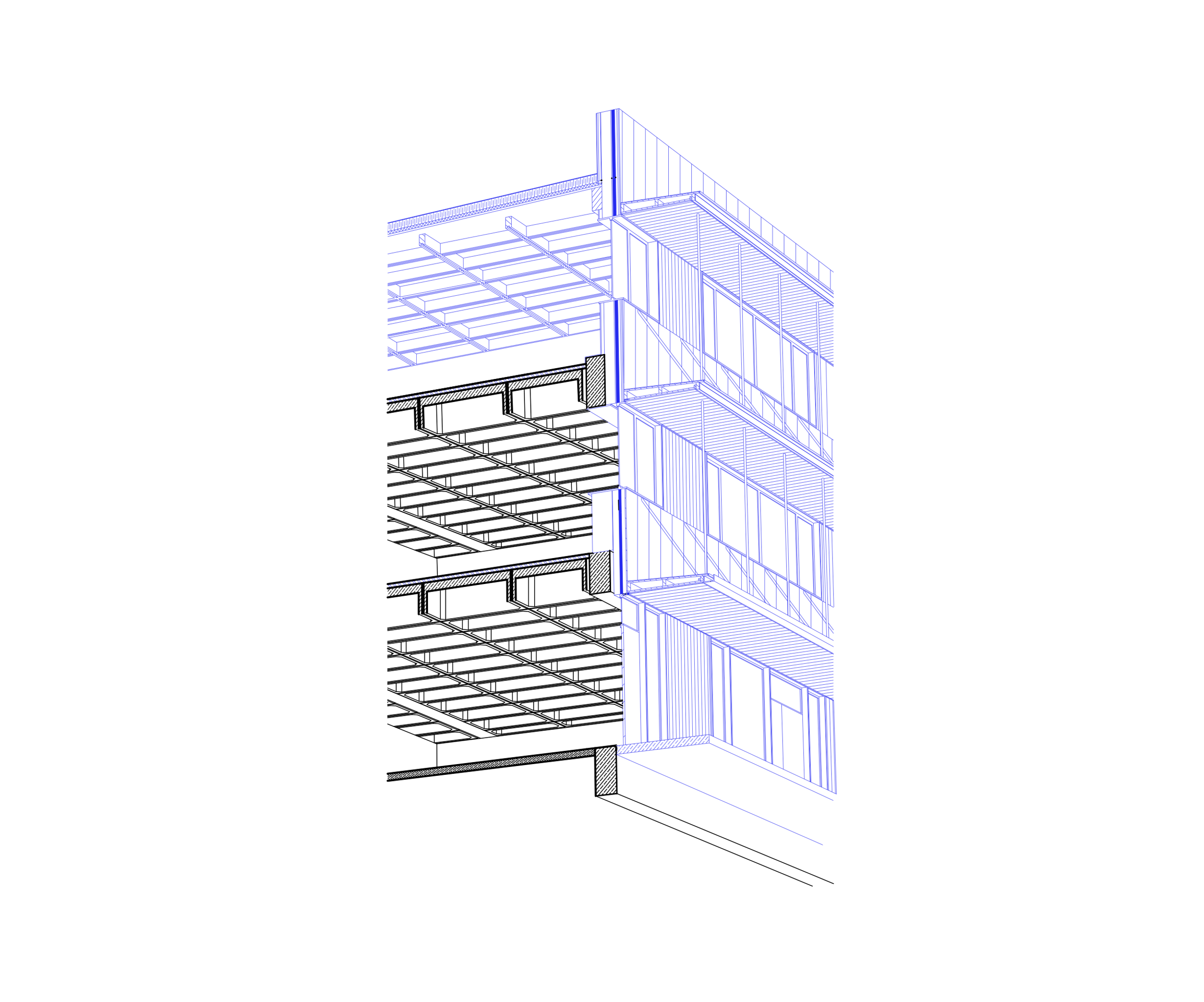 Coupe axonométrique du collège Maryse Bastié à Dole, montrant planchers caisson en béton existant et extension bois superposée en façade vitrée.